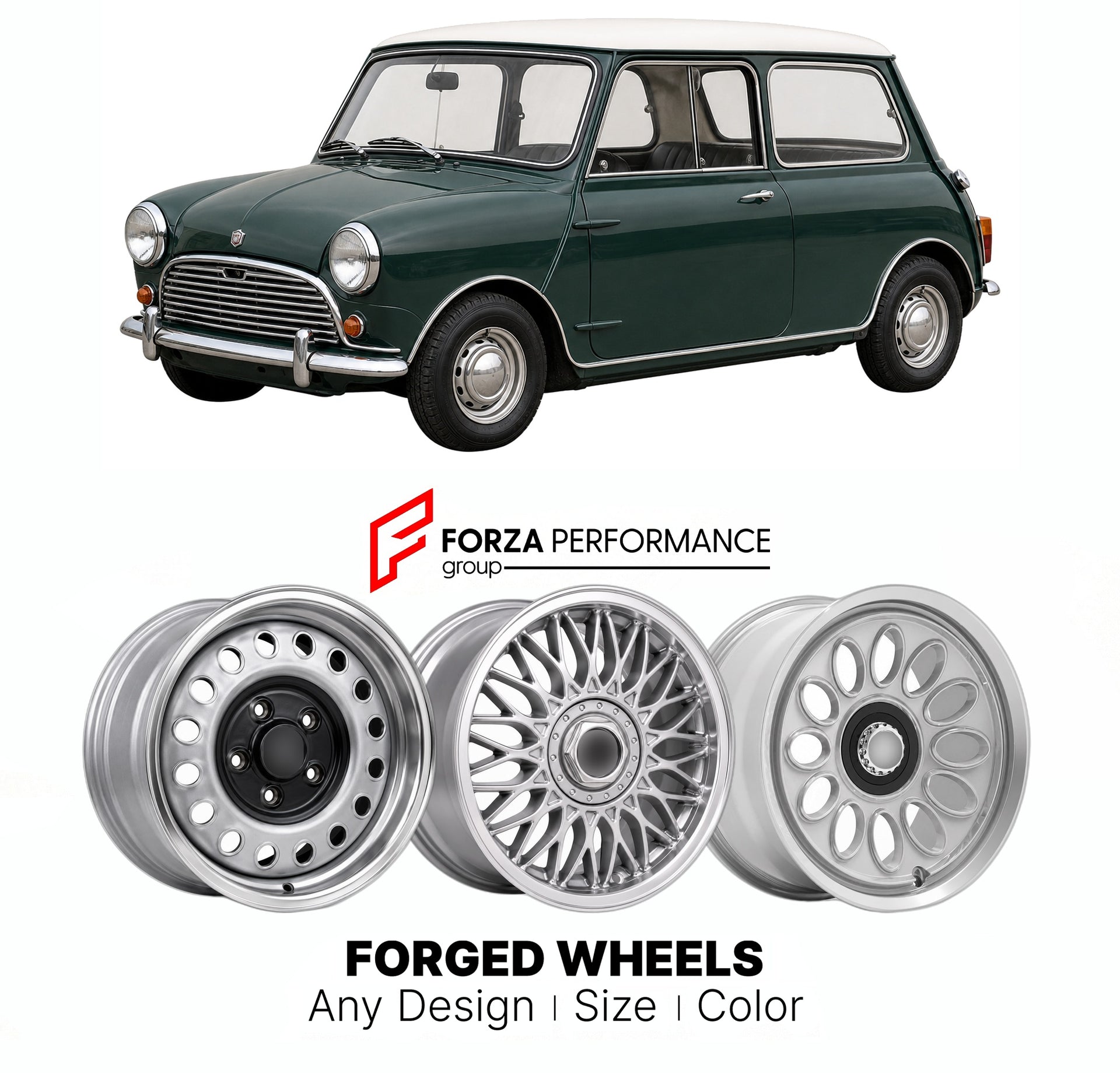 CUSTOM CLASSIC VINTAGE RESTOMOD RETRO OLD SCHOOL FORGED WHEELS RIMS for MINI CLASSIC COOPER 1961 - 1971

Custom forged wheels for Mini Classic Cooper 1961 - 1971. Classic, vintage, restomod wheel designs made to order in custom sizes, offsets, colors and finishes.

We manufacture premium quality forged wheels rims for Mini Classic Cooper 1961 - 1971 in any design, size, color.

THIS WHEEL DESIGN CAN BE CUSTOM-MADE FOR YOUR CAR IN ANY SIZE AND COLOR OPTIONS
Available in monoblock, 2-piece, 3-piece, duoblock,