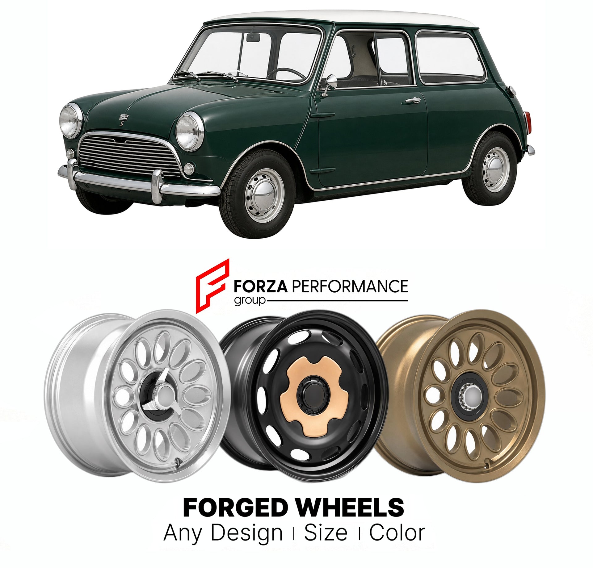 CUSTOM CLASSIC VINTAGE RESTOMOD RETRO OLD SCHOOL FORGED WHEELS RIMS for MINI CLASSIC COOPER S 1963 - 1971

Custom forged wheels for Mini Classic Cooper S 1963 - 1971. Classic, vintage, restomod wheel designs made to order in custom sizes, offsets, colors and finishes.

We manufacture premium quality forged wheels rims for Mini Classic Cooper S 1963 - 1971 in any design, size, color.

THIS WHEEL DESIGN CAN BE CUSTOM-MADE FOR YOUR CAR IN ANY SIZE AND COLOR OPTIONS
Available in monoblock, 2-piece, 3-piece, duo