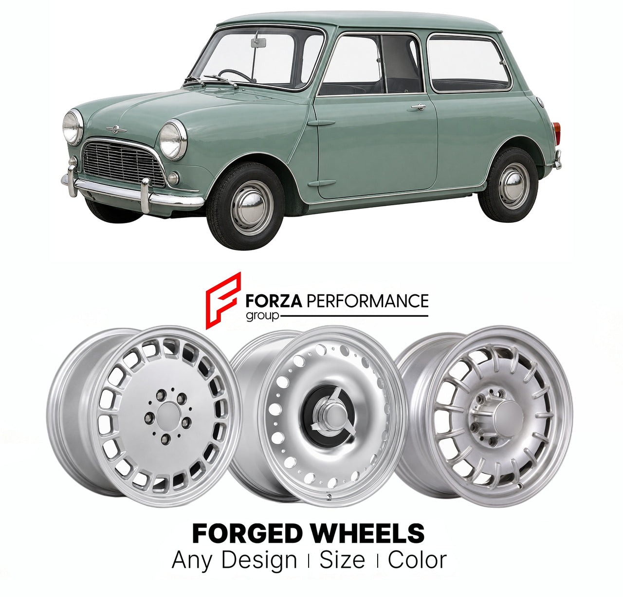 CUSTOM CLASSIC VINTAGE RESTOMOD RETRO OLD SCHOOL FORGED WHEELS RIMS for MINI CLASSIC MK 1 1959 - 1967

Custom forged wheels for Mini Classic MK 1 1959 - 1967. Classic, vintage, restomod wheel designs made to order in custom sizes, offsets, colors and finishes.

We manufacture premium quality forged wheels rims for Mini Classic MK 1 1959 - 1967 in any design, size, color.

THIS WHEEL DESIGN CAN BE CUSTOM-MADE FOR YOUR CAR IN ANY SIZE AND COLOR OPTIONS
Available in monoblock, 2-piece, 3-piece, duoblock, beadl