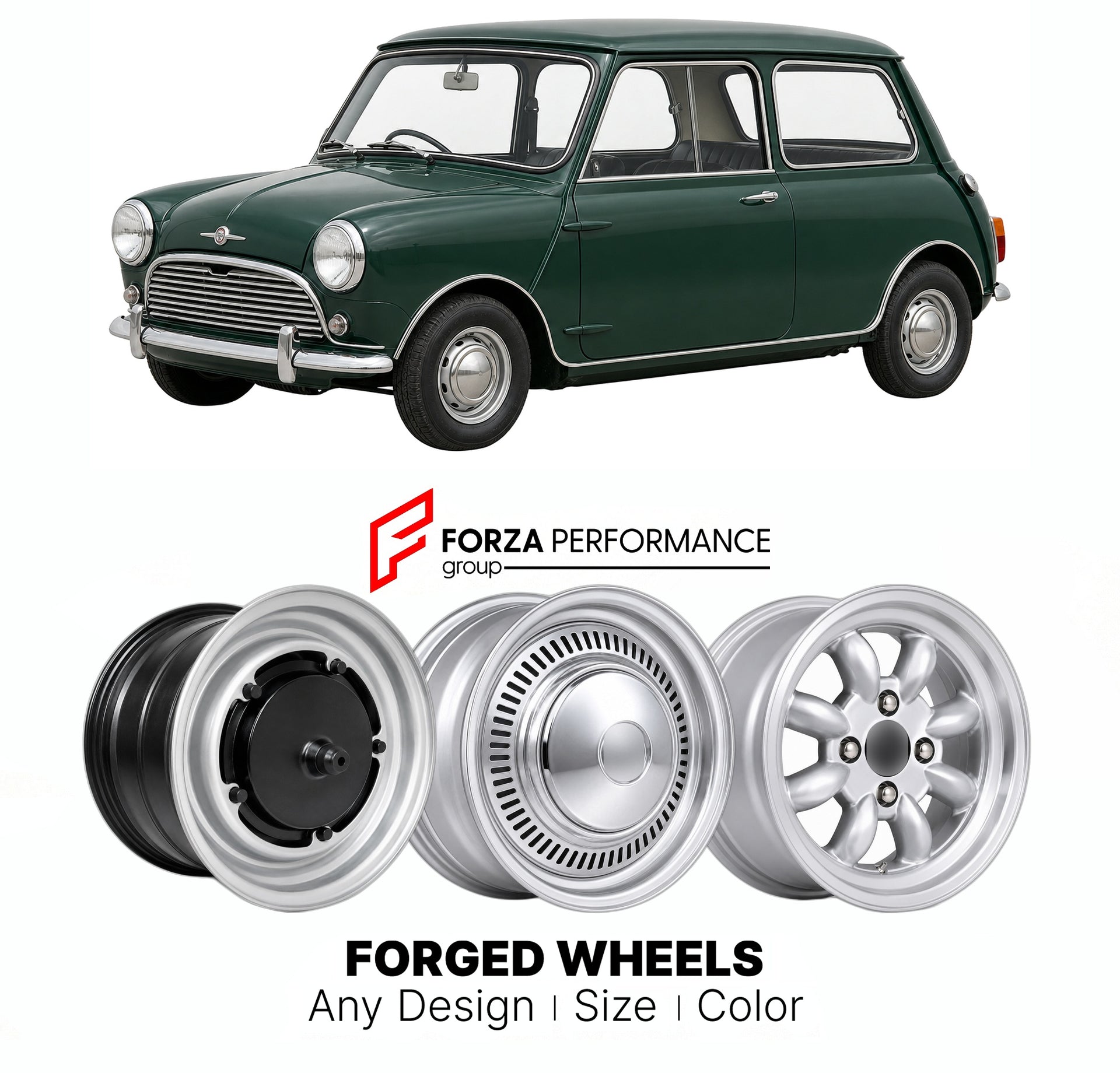 CUSTOM CLASSIC VINTAGE RESTOMOD RETRO OLD SCHOOL FORGED WHEELS RIMS for MINI CLASSIC MK 2 1967 - 1970

Custom forged wheels for Mini Classic MK 2 1967 - 1970. Classic, vintage, restomod wheel designs made to order in custom sizes, offsets, colors and finishes.

We manufacture premium quality forged wheels rims for Mini Classic MK 2 1967 - 1970 in any design, size, color.

THIS WHEEL DESIGN CAN BE CUSTOM-MADE FOR YOUR CAR IN ANY SIZE AND COLOR OPTIONS
Available in monoblock, 2-piece, 3-piece, duoblock, beadl