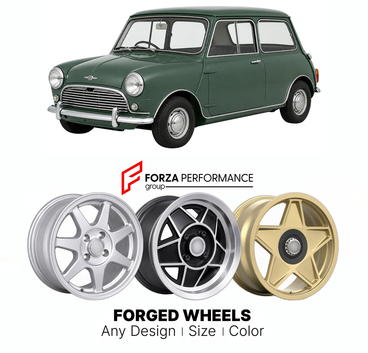 CUSTOM CLASSIC VINTAGE RESTOMOD RETRO OLD SCHOOL FORGED WHEELS RIMS for MINI CLASSIC MK 3 1969 - 1976

Custom forged wheels for Mini Classic MK 3 1969 - 1976. Classic, vintage, restomod wheel designs made to order in custom sizes, offsets, colors and finishes.

We manufacture premium quality forged wheels rims for Mini Classic MK 3 1969 - 1976 in any design, size, color.

THIS WHEEL DESIGN CAN BE CUSTOM-MADE FOR YOUR CAR IN ANY SIZE AND COLOR OPTIONS
Available in monoblock, 2-piece, 3-piece, duoblock, beadl