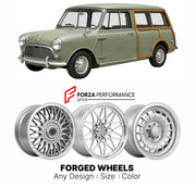 CUSTOM CLASSIC VINTAGE RESTOMOD RETRO OLD SCHOOL FORGED WHEELS RIMS for MINI CLASSIC TRAVELLER COUNTRYMAN 1960 - 1969

Custom forged wheels for Mini Classic Traveller Countryman 1960 - 1969. Classic, vintage, restomod wheel designs made to order in custom sizes, offsets, colors and finishes.

We manufacture premium quality forged wheels rims for Mini Classic Traveller Countryman 1960 - 1969 in any design, size, color.

THIS WHEEL DESIGN CAN BE CUSTOM-MADE FOR YOUR CAR IN ANY SIZE AND COLOR OPTIONS
Available