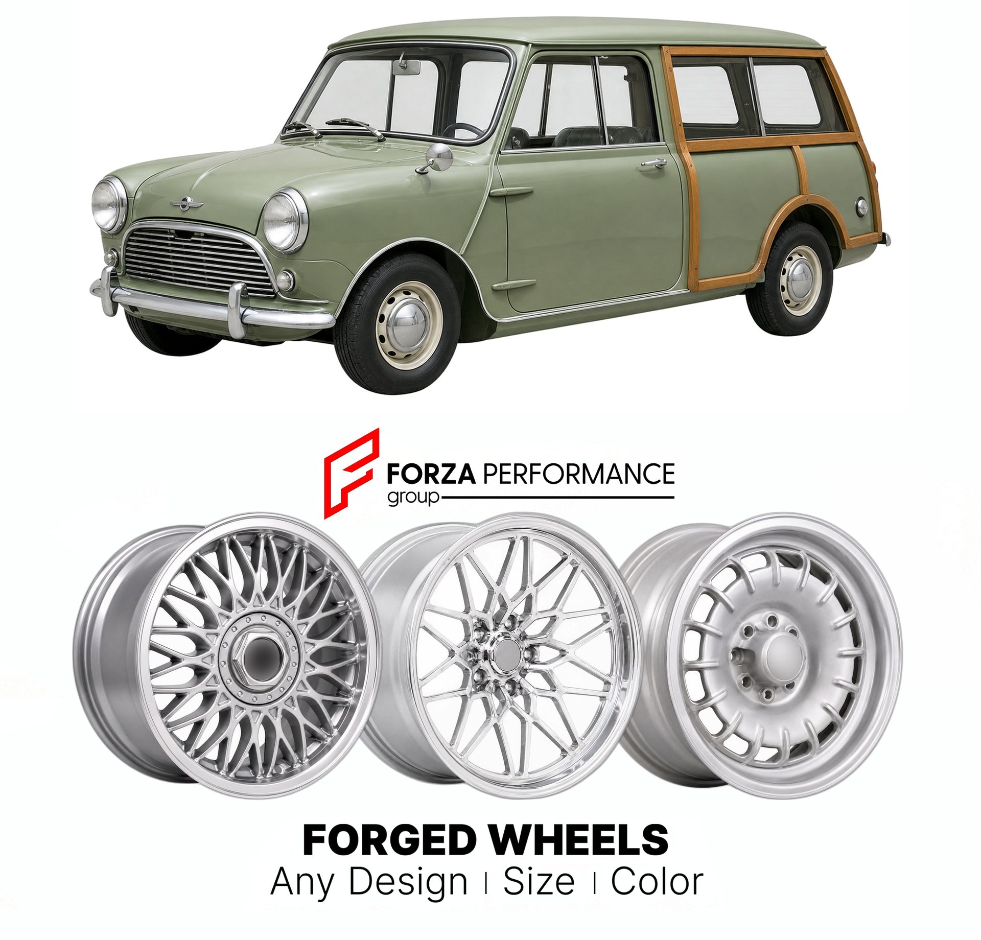 CUSTOM CLASSIC VINTAGE RESTOMOD RETRO OLD SCHOOL FORGED WHEELS RIMS for MINI CLASSIC TRAVELLER COUNTRYMAN 1960 - 1969

Custom forged wheels for Mini Classic Traveller Countryman 1960 - 1969. Classic, vintage, restomod wheel designs made to order in custom sizes, offsets, colors and finishes.

We manufacture premium quality forged wheels rims for Mini Classic Traveller Countryman 1960 - 1969 in any design, size, color.

THIS WHEEL DESIGN CAN BE CUSTOM-MADE FOR YOUR CAR IN ANY SIZE AND COLOR OPTIONS
Available