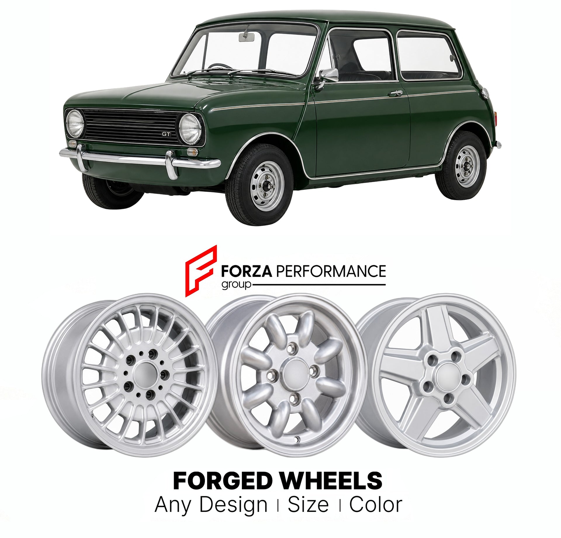CUSTOM CLASSIC VINTAGE RESTOMOD RETRO OLD SCHOOL FORGED WHEELS RIMS for MINI CLUBMAN 1275 GT 1969 - 1980

Custom forged wheels for Mini Clubman 1275 GT 1969 - 1980. Classic, vintage, restomod wheel designs made to order in custom sizes, offsets, colors and finishes.

We manufacture premium quality forged wheels rims for Mini Clubman 1275 GT 1969 - 1980 in any design, size, color.

THIS WHEEL DESIGN CAN BE CUSTOM-MADE FOR YOUR CAR IN ANY SIZE AND COLOR OPTIONS
Available in monoblock, 2-piece, 3-piece, duoblo
