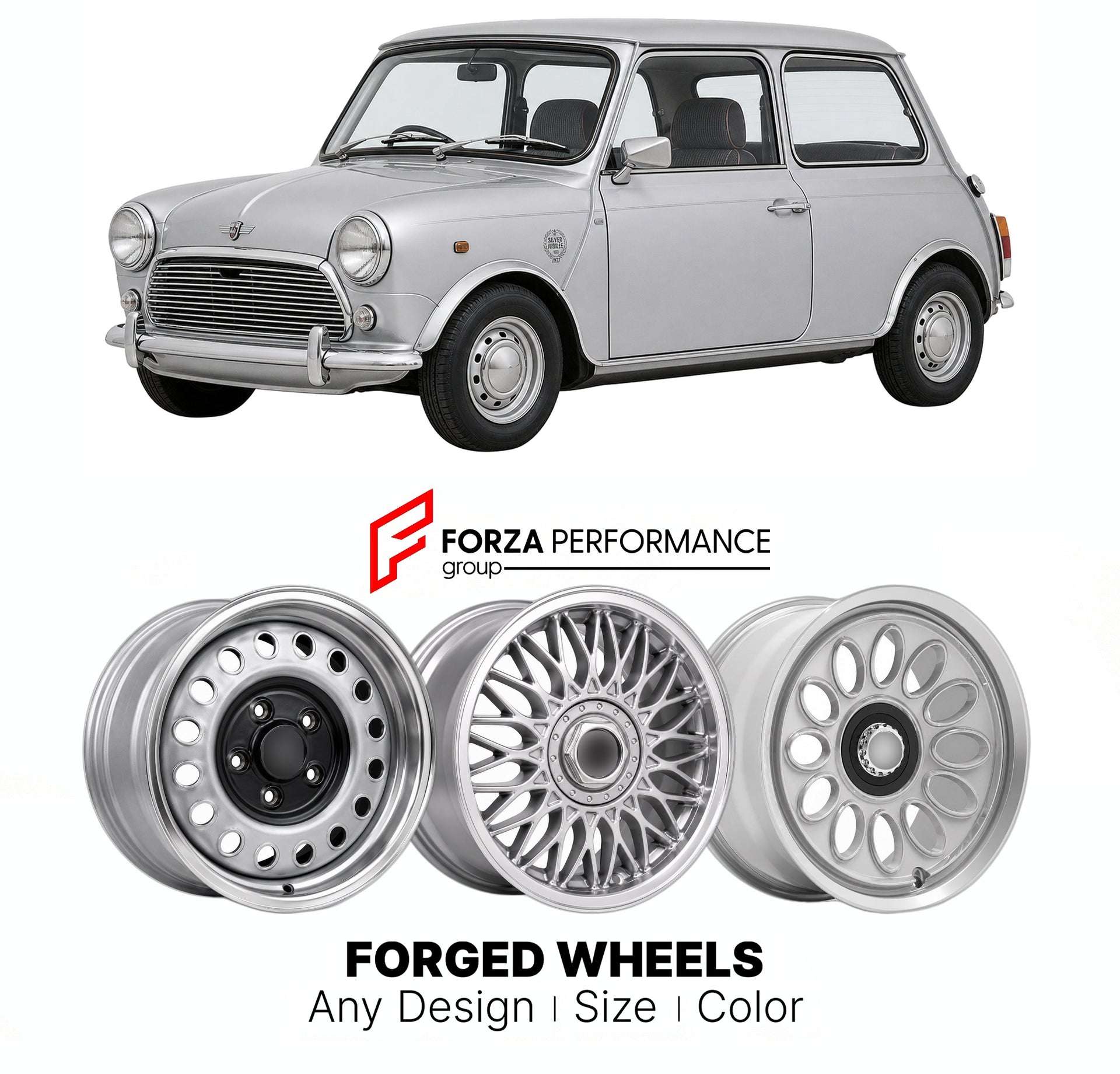CUSTOM CLASSIC VINTAGE RESTOMOD RETRO OLD SCHOOL FORGED WHEELS RIMS for MINI MINI 1000 SILVER JUBILEE EDITION 1977 - 1977

Custom forged wheels for Mini Mini 1000 Silver Jubilee Edition 1977 - 1977. Classic, vintage, restomod wheel designs made to order in custom sizes, offsets, colors and finishes.

We manufacture premium quality forged wheels rims for Mini Mini 1000 Silver Jubilee Edition 1977 - 1977 in any design, size, color.

THIS WHEEL DESIGN CAN BE CUSTOM-MADE FOR YOUR CAR IN ANY SIZE AND COLOR OPTIO
