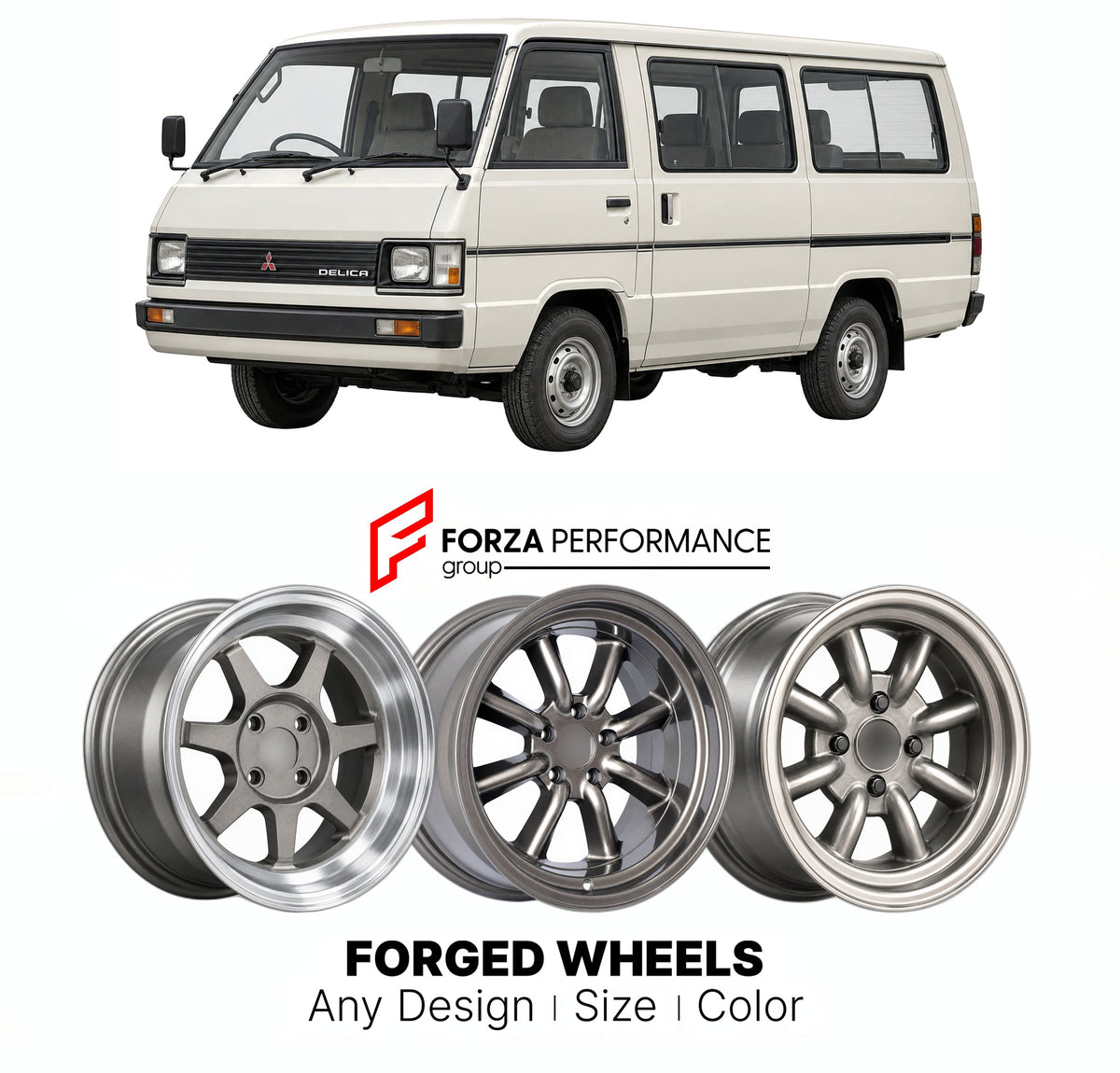 CUSTOM CLASSIC VINTAGE RESTOMOD RETRO OLD SCHOOL FORGED WHEELS RIMS for MITSUBISHI DELICA P00 P10 P20 P30 P40 1986 - 1999

Custom forged wheels for Mitsubishi Delica P00 P10 P20 P30 P40 1986 - 1999. Classic, vintage, restomod and retro JDM wheel designs made to order in custom sizes, offsets, colors and finishes with guaranteed fitment.

We manufacture premium quality forged wheels rims for Mitsubishi Delica P00 P10 P20 P30 P40 1986 - 1999 in any design, size, color.

JDM WHEEL DESIGNS: our Japanese collect
