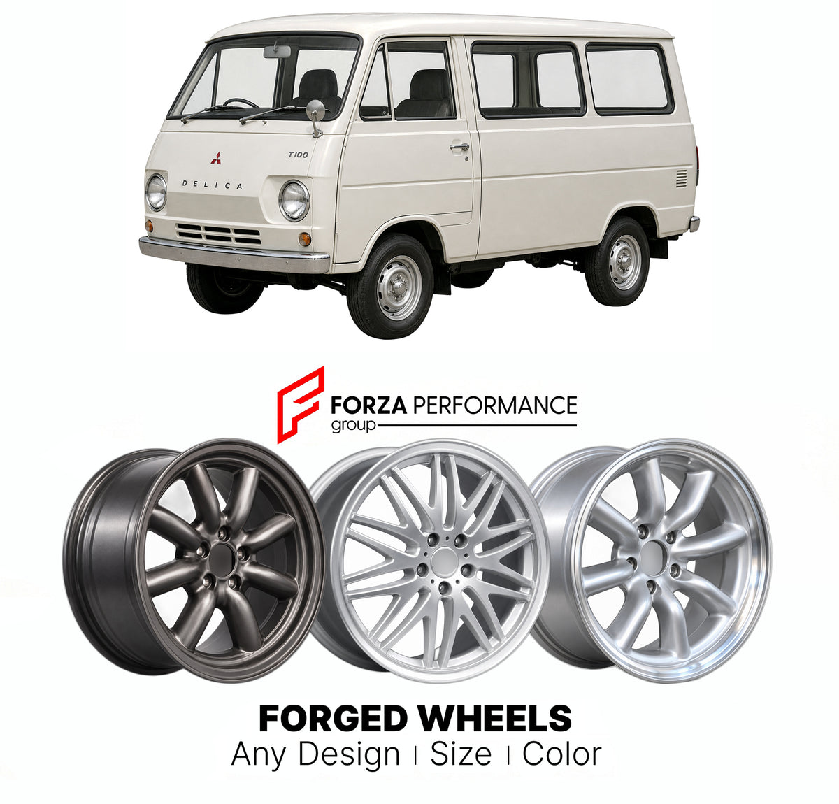 CUSTOM CLASSIC VINTAGE RESTOMOD RETRO OLD SCHOOL FORGED WHEELS RIMS for MITSUBISHI DELICA T100 T120 1968 - 1979

Custom forged wheels for Mitsubishi Delica T100 T120 1968 - 1979. Classic, vintage, restomod and retro JDM wheel designs made to order in custom sizes, offsets, colors and finishes with guaranteed fitment.

We manufacture premium quality forged wheels rims for Mitsubishi Delica T100 T120 1968 - 1979 in any design, size, color.

JDM WHEEL DESIGNS: our Japanese collection for hatchbacks, kei cars a