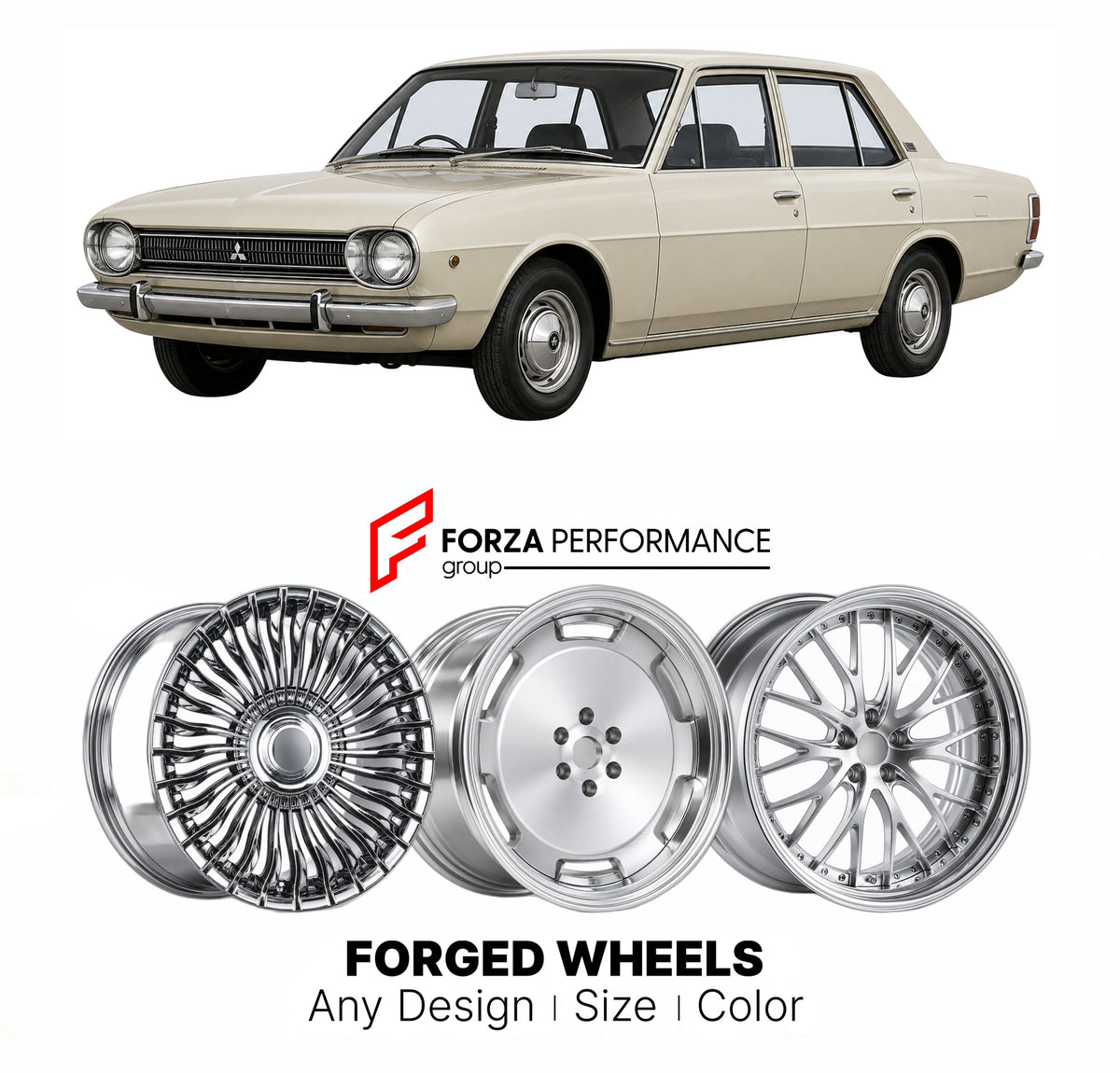 CUSTOM CLASSIC VINTAGE RESTOMOD RETRO OLD SCHOOL FORGED WHEELS RIMS for MITSUBISHI GALANT A50 1969 - 1973

Custom forged wheels for Mitsubishi Galant A50 1969 - 1973. Classic, vintage, restomod and retro JDM wheel designs made to order in custom sizes, offsets, colors and finishes with guaranteed fitment.

We manufacture premium quality forged wheels rims for Mitsubishi Galant A50 1969 - 1973 in any design, size, color.

JDM WHEEL DESIGNS: our Japanese collection for sedans and wagons includes designs inspi