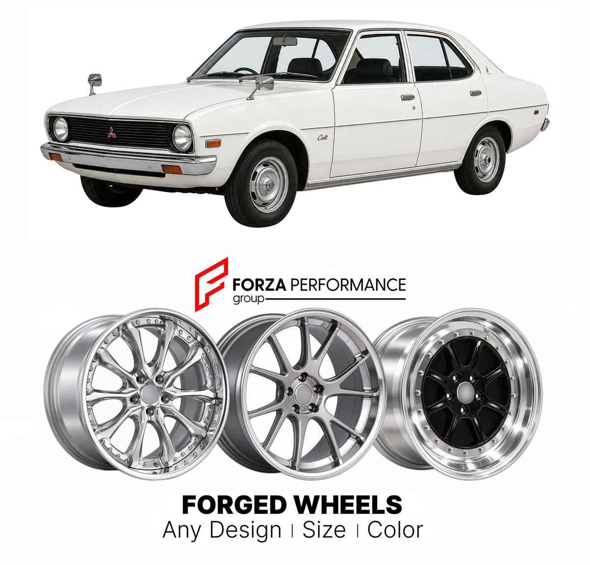 CUSTOM CLASSIC VINTAGE RESTOMOD RETRO OLD SCHOOL FORGED WHEELS RIMS for MITSUBISHI LANCER A70 1973 - 1979

Custom forged wheels for Mitsubishi Lancer A70 1973 - 1979. Classic, vintage, restomod and retro JDM wheel designs made to order in custom sizes, offsets, colors and finishes with guaranteed fitment.

We manufacture premium quality forged wheels rims for Mitsubishi Lancer A70 1973 - 1979 in any design, size, color.

JDM WHEEL DESIGNS: our Japanese collection for sedans and wagons includes designs inspi