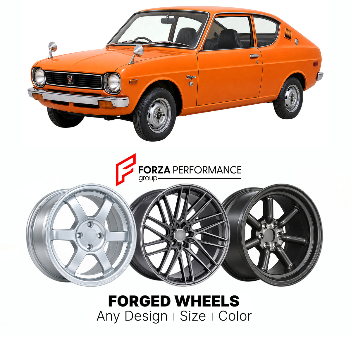 CUSTOM CLASSIC VINTAGE RESTOMOD RETRO OLD SCHOOL FORGED WHEELS RIMS for MITSUBISHI MINICA A100 A101 1971 - 1977

Custom forged wheels for Mitsubishi Minica A100 A101 1971 - 1977. Classic, vintage, restomod and retro JDM wheel designs made to order in custom sizes, offsets, colors and finishes with guaranteed fitment.

We manufacture premium quality forged wheels rims for Mitsubishi Minica A100 A101 1971 - 1977 in any design, size, color.

JDM WHEEL DESIGNS: our Japanese collection for hatchbacks, kei cars a