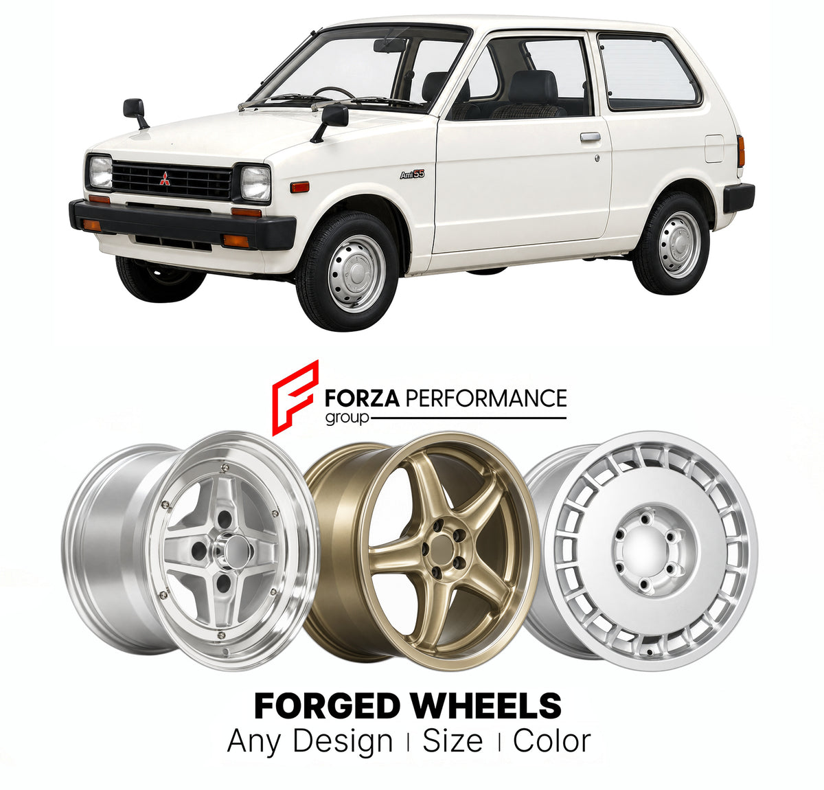 CUSTOM CLASSIC VINTAGE RESTOMOD RETRO OLD SCHOOL FORGED WHEELS RIMS for MITSUBISHI MINICA A105 A106 A107 1977 - 1984

Custom forged wheels for Mitsubishi Minica A105 A106 A107 1977 - 1984. Classic, vintage, restomod and retro JDM wheel designs made to order in custom sizes, offsets, colors and finishes with guaranteed fitment.

We manufacture premium quality forged wheels rims for Mitsubishi Minica A105 A106 A107 1977 - 1984 in any design, size, color.

JDM WHEEL DESIGNS: our Japanese collection for hatchba