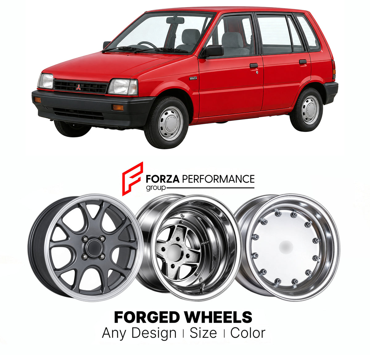 CUSTOM CLASSIC VINTAGE RESTOMOD RETRO OLD SCHOOL FORGED WHEELS RIMS for MITSUBISHI MINICA H10 1984 - 1989

Custom forged wheels for Mitsubishi Minica H10 1984 - 1989. Classic, vintage, restomod and retro JDM wheel designs made to order in custom sizes, offsets, colors and finishes with guaranteed fitment.

We manufacture premium quality forged wheels rims for Mitsubishi Minica H10 1984 - 1989 in any design, size, color.

JDM WHEEL DESIGNS: our Japanese collection for hatchbacks, kei cars and MPVs includes d