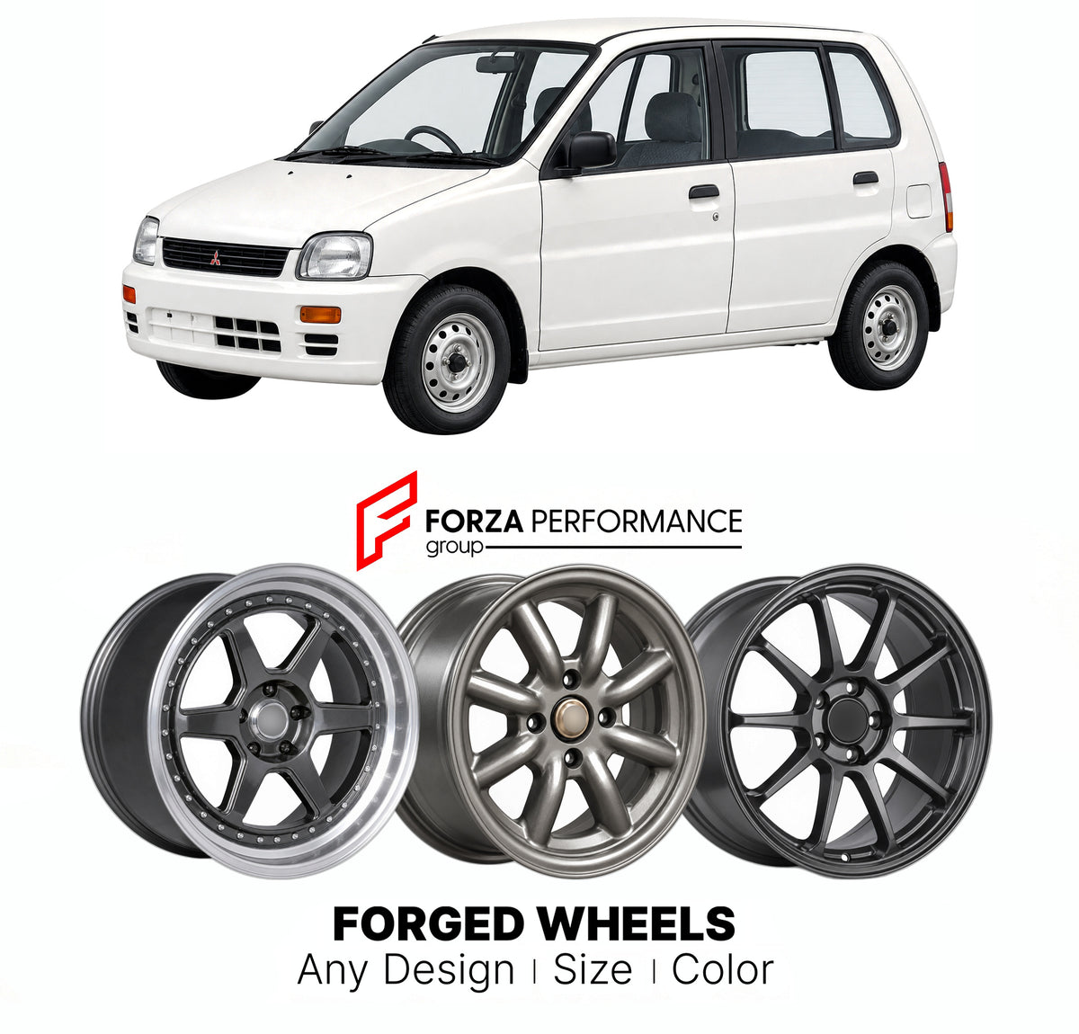 CUSTOM CLASSIC VINTAGE RESTOMOD RETRO OLD SCHOOL FORGED WHEELS RIMS for MITSUBISHI MINICA H30 1993 - 1998

Custom forged wheels for Mitsubishi Minica H30 1993 - 1998. Classic, vintage, restomod and retro JDM wheel designs made to order in custom sizes, offsets, colors and finishes with guaranteed fitment.

We manufacture premium quality forged wheels rims for Mitsubishi Minica H30 1993 - 1998 in any design, size, color.

JDM WHEEL DESIGNS: our Japanese collection for hatchbacks, kei cars and MPVs includes d