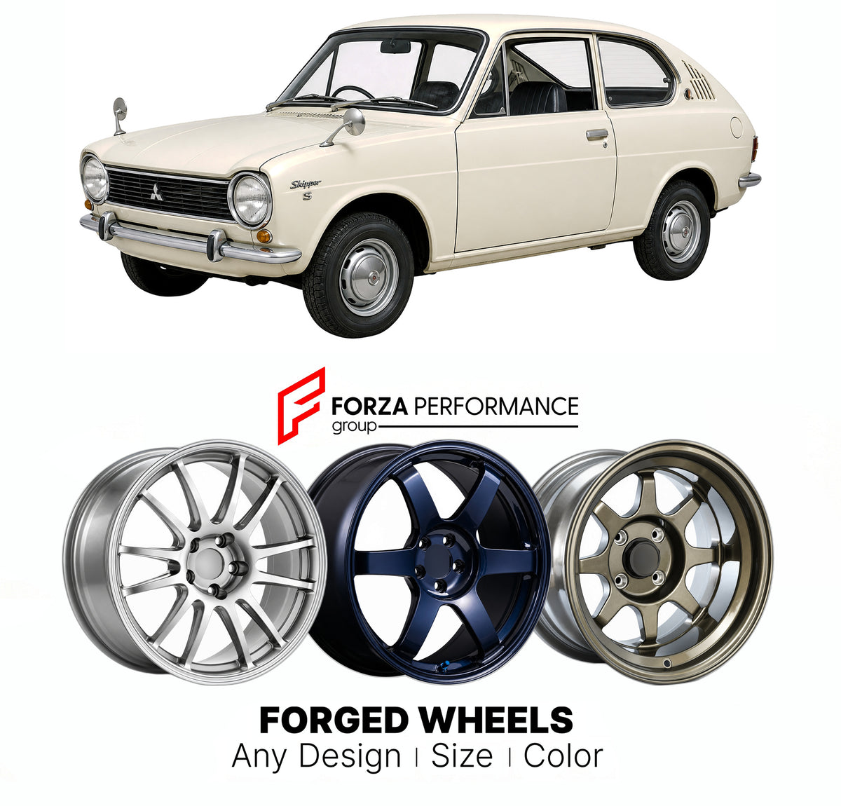 CUSTOM CLASSIC VINTAGE RESTOMOD RETRO OLD SCHOOL FORGED WHEELS RIMS for MITSUBISHI MINICA LA LB LC 1962 - 1971

Custom forged wheels for Mitsubishi Minica LA LB LC 1962 - 1971. Classic, vintage, restomod and retro JDM wheel designs made to order in custom sizes, offsets, colors and finishes with guaranteed fitment.

We manufacture premium quality forged wheels rims for Mitsubishi Minica LA LB LC 1962 - 1971 in any design, size, color.

JDM WHEEL DESIGNS: our Japanese collection for hatchbacks, kei cars and 