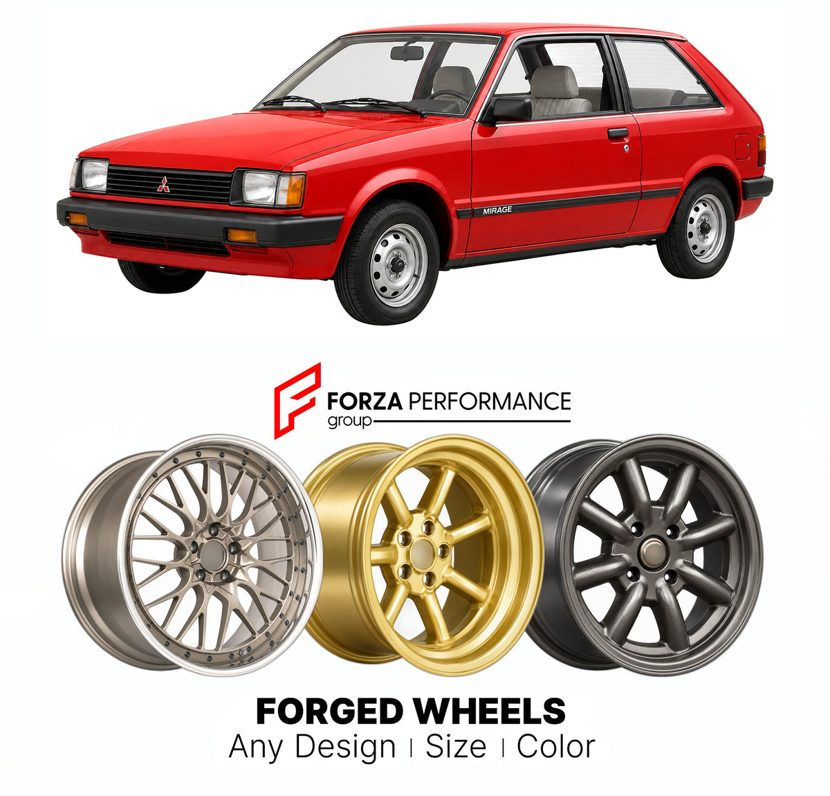 CUSTOM CLASSIC VINTAGE RESTOMOD RETRO OLD SCHOOL FORGED WHEELS RIMS for MITSUBISHI MIRAGE C10 1983 - 1987

Custom forged wheels for Mitsubishi Mirage C10 1983 - 1987. Classic, vintage, restomod and retro JDM wheel designs made to order in custom sizes, offsets, colors and finishes with guaranteed fitment.

We manufacture premium quality forged wheels rims for Mitsubishi Mirage C10 1983 - 1987 in any design, size, color.

JDM WHEEL DESIGNS: our Japanese collection for hatchbacks, kei cars and MPVs includes d