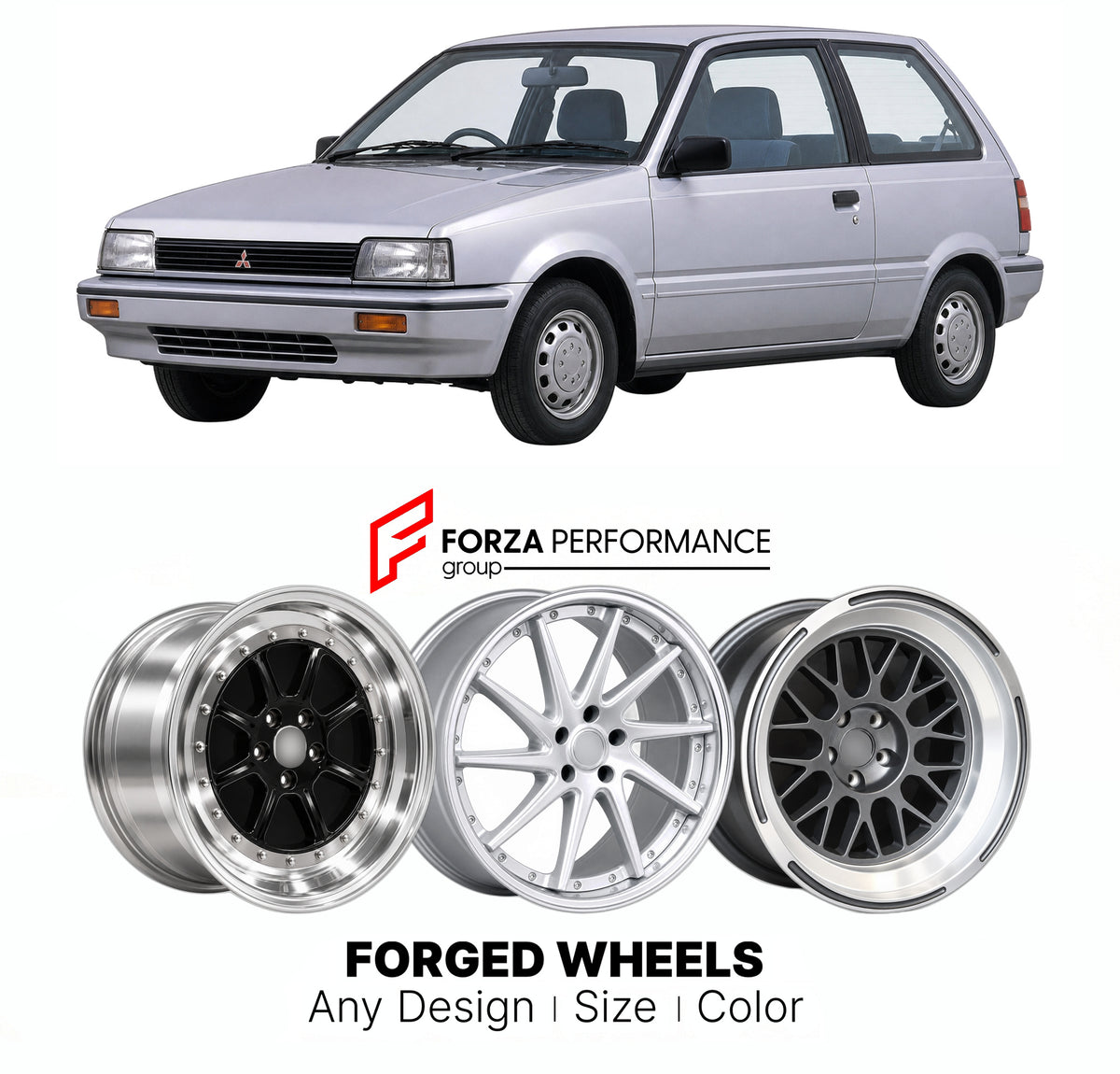 CUSTOM CLASSIC VINTAGE RESTOMOD RETRO OLD SCHOOL FORGED WHEELS RIMS for MITSUBISHI MIRAGE C50 C60 C70 C80 1987 - 1991

Custom forged wheels for Mitsubishi Mirage C50 C60 C70 C80 1987 - 1991. Classic, vintage, restomod and retro JDM wheel designs made to order in custom sizes, offsets, colors and finishes with guaranteed fitment.

We manufacture premium quality forged wheels rims for Mitsubishi Mirage C50 C60 C70 C80 1987 - 1991 in any design, size, color.

JDM WHEEL DESIGNS: our Japanese collection for hatc
