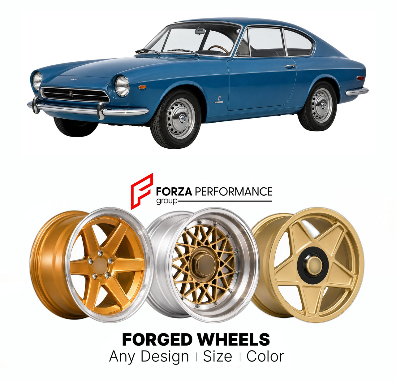 CUSTOM CLASSIC VINTAGE RESTOMOD RETRO OLD SCHOOL FORGED WHEELS RIMS for MORETTI 124 COUPE 1967 - 1972

Custom forged wheels for Moretti 124 Coupe 1967 - 1972. Classic, vintage, restomod wheel designs made to order in custom sizes, offsets, colors and finishes.

We manufacture premium quality forged wheels rims for Moretti 124 Coupe 1967 - 1972 in any design, size, color.

THIS WHEEL DESIGN CAN BE CUSTOM-MADE FOR YOUR CAR IN ANY SIZE AND COLOR OPTIONS
Available in monoblock, 2-piece, 3-piece, duoblock, beadl