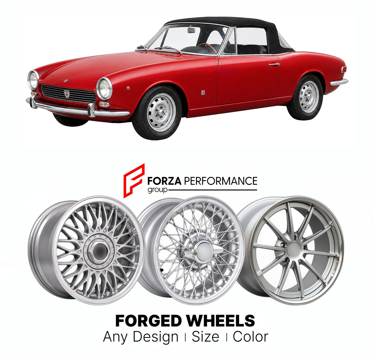 CUSTOM CLASSIC VINTAGE RESTOMOD RETRO OLD SCHOOL FORGED WHEELS RIMS for MORETTI 124 SPORT SPIDER 1967 - 1972

Custom forged wheels for Moretti 124 Sport Spider 1967 - 1972. Classic, vintage, restomod wheel designs made to order in custom sizes, offsets, colors and finishes.

We manufacture premium quality forged wheels rims for Moretti 124 Sport Spider 1967 - 1972 in any design, size, color.

THIS WHEEL DESIGN CAN BE CUSTOM-MADE FOR YOUR CAR IN ANY SIZE AND COLOR OPTIONS
Available in monoblock, 2-piece, 3-p