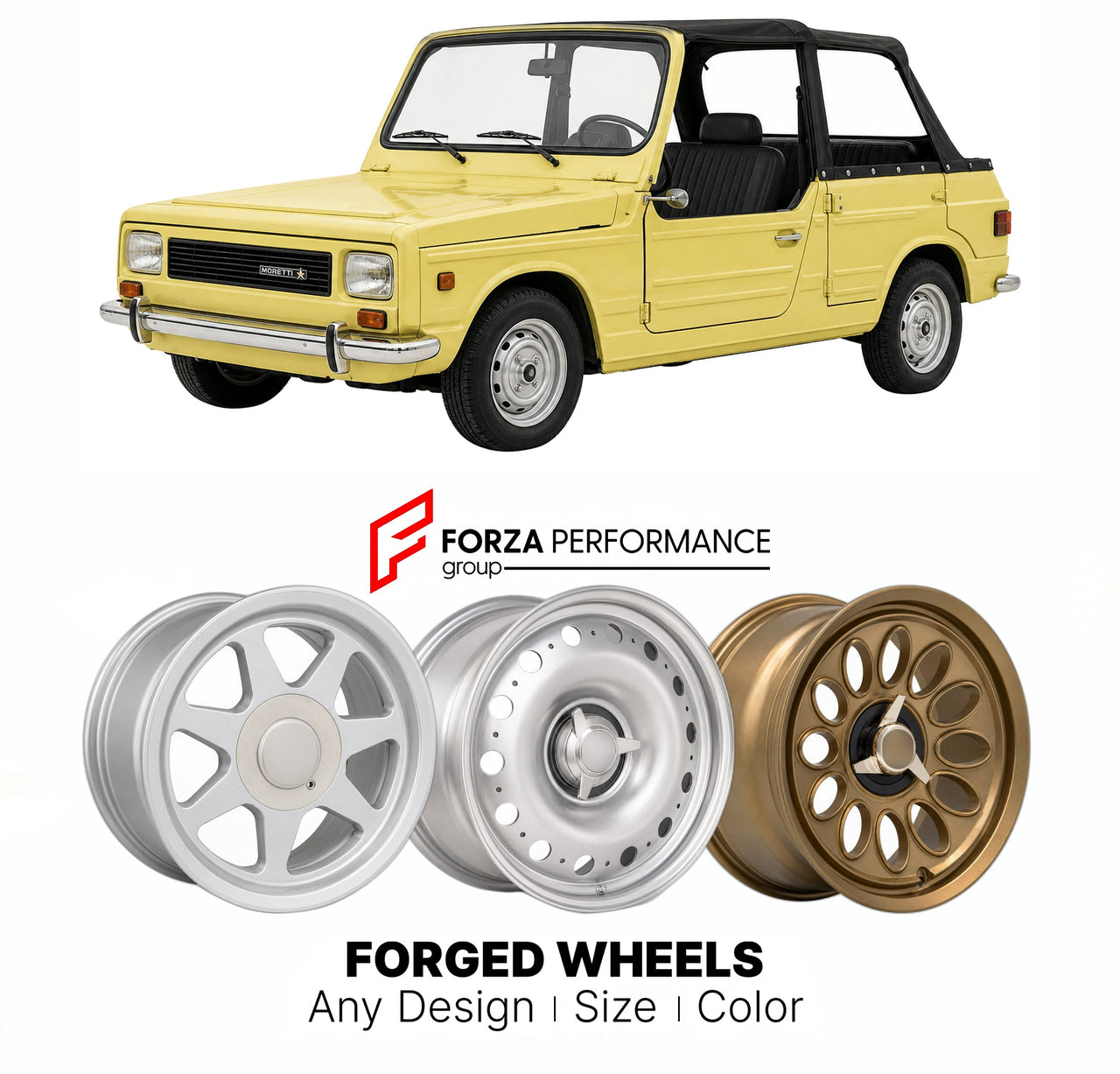CUSTOM CLASSIC VINTAGE RESTOMOD RETRO OLD SCHOOL FORGED WHEELS RIMS for MORETTI 126 MINIMAXI 1973 - 1982

Custom forged wheels for Moretti 126 Minimaxi 1973 - 1982. Classic, vintage, restomod wheel designs made to order in custom sizes, offsets, colors and finishes.

We manufacture premium quality forged wheels rims for Moretti 126 Minimaxi 1973 - 1982 in any design, size, color.

THIS WHEEL DESIGN CAN BE CUSTOM-MADE FOR YOUR CAR IN ANY SIZE AND COLOR OPTIONS
Available in monoblock, 2-piece, 3-piece, duoblo