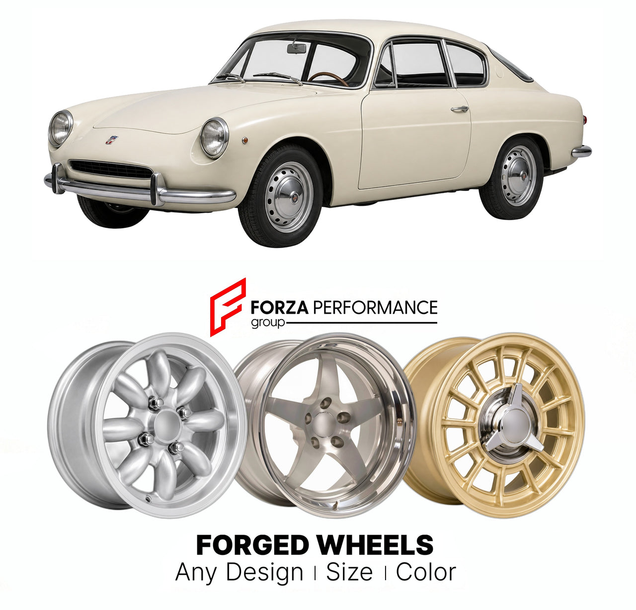 CUSTOM CLASSIC VINTAGE RESTOMOD RETRO OLD SCHOOL FORGED WHEELS RIMS for MORETTI 500 COUPE 1957 - 1969

Custom forged wheels for Moretti 500 Coupe 1957 - 1969. Classic, vintage, restomod wheel designs made to order in custom sizes, offsets, colors and finishes.

We manufacture premium quality forged wheels rims for Moretti 500 Coupe 1957 - 1969 in any design, size, color.

THIS WHEEL DESIGN CAN BE CUSTOM-MADE FOR YOUR CAR IN ANY SIZE AND COLOR OPTIONS
Available in monoblock, 2-piece, 3-piece, duoblock, beadl