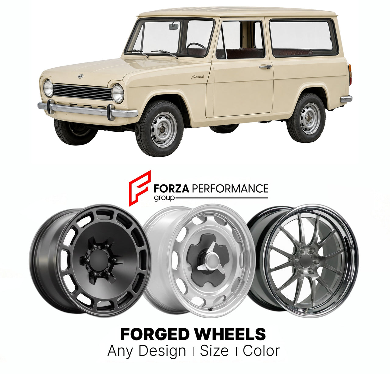 CUSTOM CLASSIC VINTAGE RESTOMOD RETRO OLD SCHOOL FORGED WHEELS RIMS for MORETTI MIDIMAXI 1969 - 1976

Custom forged wheels for Moretti Midimaxi 1969 - 1976. Classic, vintage, restomod wheel designs made to order in custom sizes, offsets, colors and finishes.

We manufacture premium quality forged wheels rims for Moretti Midimaxi 1969 - 1976 in any design, size, color.

THIS WHEEL DESIGN CAN BE CUSTOM-MADE FOR YOUR CAR IN ANY SIZE AND COLOR OPTIONS
Available in monoblock, 2-piece, 3-piece, duoblock, beadlock