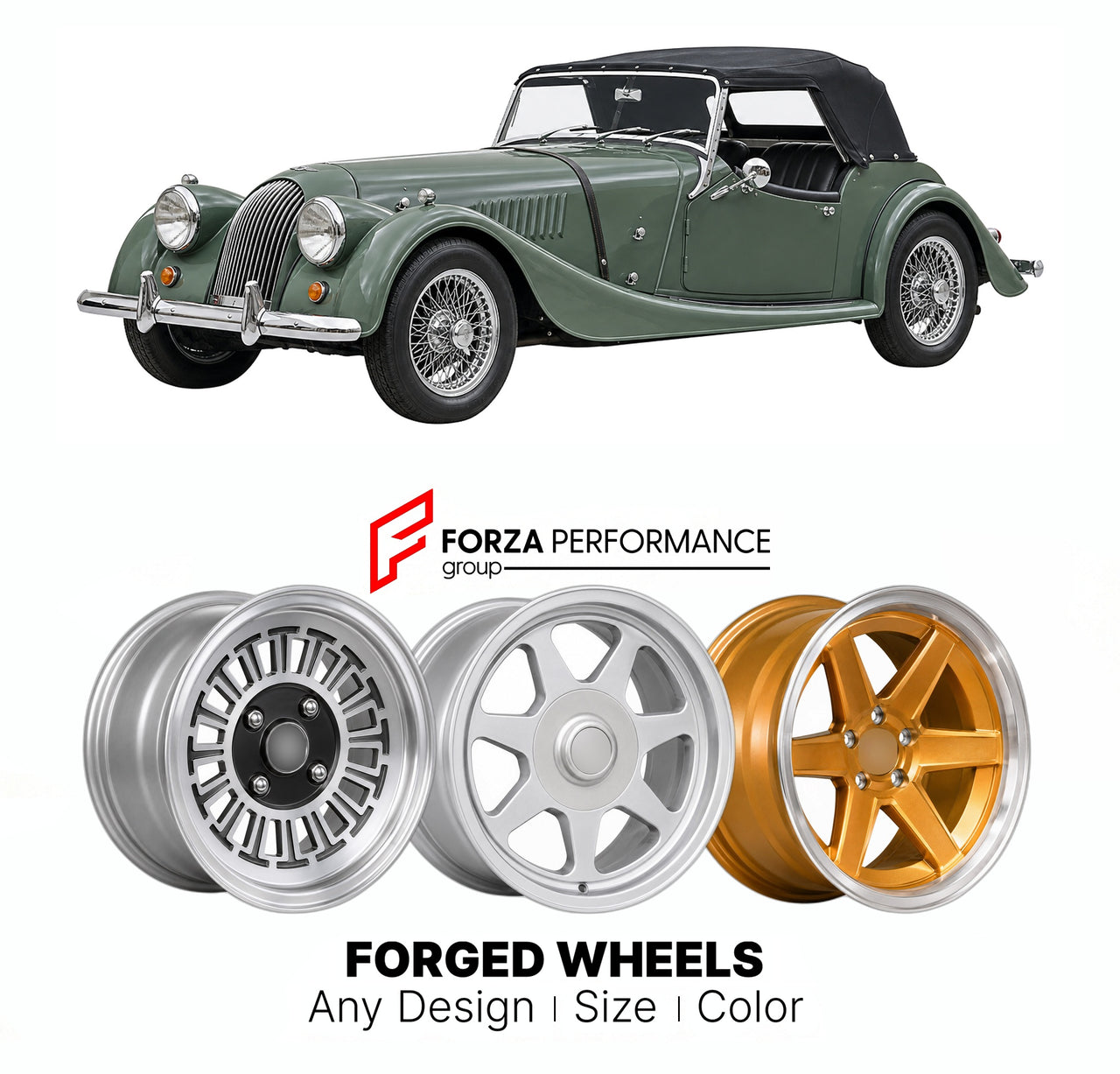 CUSTOM CLASSIC VINTAGE RESTOMOD RETRO OLD SCHOOL FORGED WHEELS RIMS for MORGAN 4/4 CLASSIC 1955 - 2000

Custom forged wheels for Morgan 4/4 Classic 1955 - 2000. Classic, vintage, restomod wheel designs made to order in custom sizes, offsets, colors and finishes.

We manufacture premium quality forged wheels rims for Morgan 4/4 Classic 1955 - 2000 in any design, size, color.

THIS WHEEL DESIGN CAN BE CUSTOM-MADE FOR YOUR CAR IN ANY SIZE AND COLOR OPTIONS
Available in monoblock, 2-piece, 3-piece, duoblock, be