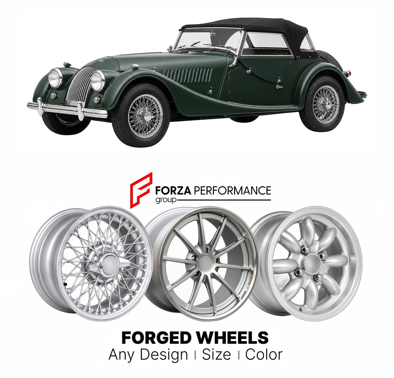 CUSTOM CLASSIC VINTAGE RESTOMOD RETRO OLD SCHOOL FORGED WHEELS RIMS for MORGAN 4/4 SERIES V 1963 - 1968

Custom forged wheels for Morgan 4/4 Series V 1963 - 1968. Classic, vintage, restomod wheel designs made to order in custom sizes, offsets, colors and finishes.

We manufacture premium quality forged wheels rims for Morgan 4/4 Series V 1963 - 1968 in any design, size, color.

THIS WHEEL DESIGN CAN BE CUSTOM-MADE FOR YOUR CAR IN ANY SIZE AND COLOR OPTIONS
Available in monoblock, 2-piece, 3-piece, duoblock,