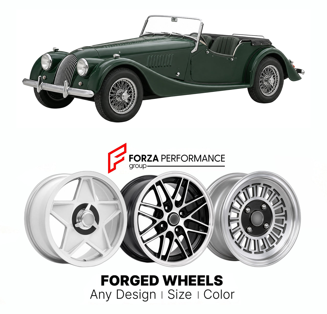 CUSTOM CLASSIC VINTAGE RESTOMOD RETRO OLD SCHOOL FORGED WHEELS RIMS for MORGAN PLUS 4 1964 - 1967

Custom forged wheels for Morgan Plus 4 1964 - 1967. Classic, vintage, restomod wheel designs made to order in custom sizes, offsets, colors and finishes.

We manufacture premium quality forged wheels rims for Morgan Plus 4 1964 - 1967 in any design, size, color.

THIS WHEEL DESIGN CAN BE CUSTOM-MADE FOR YOUR CAR IN ANY SIZE AND COLOR OPTIONS
Available in monoblock, 2-piece, 3-piece, duoblock, beadlock
3D wheel