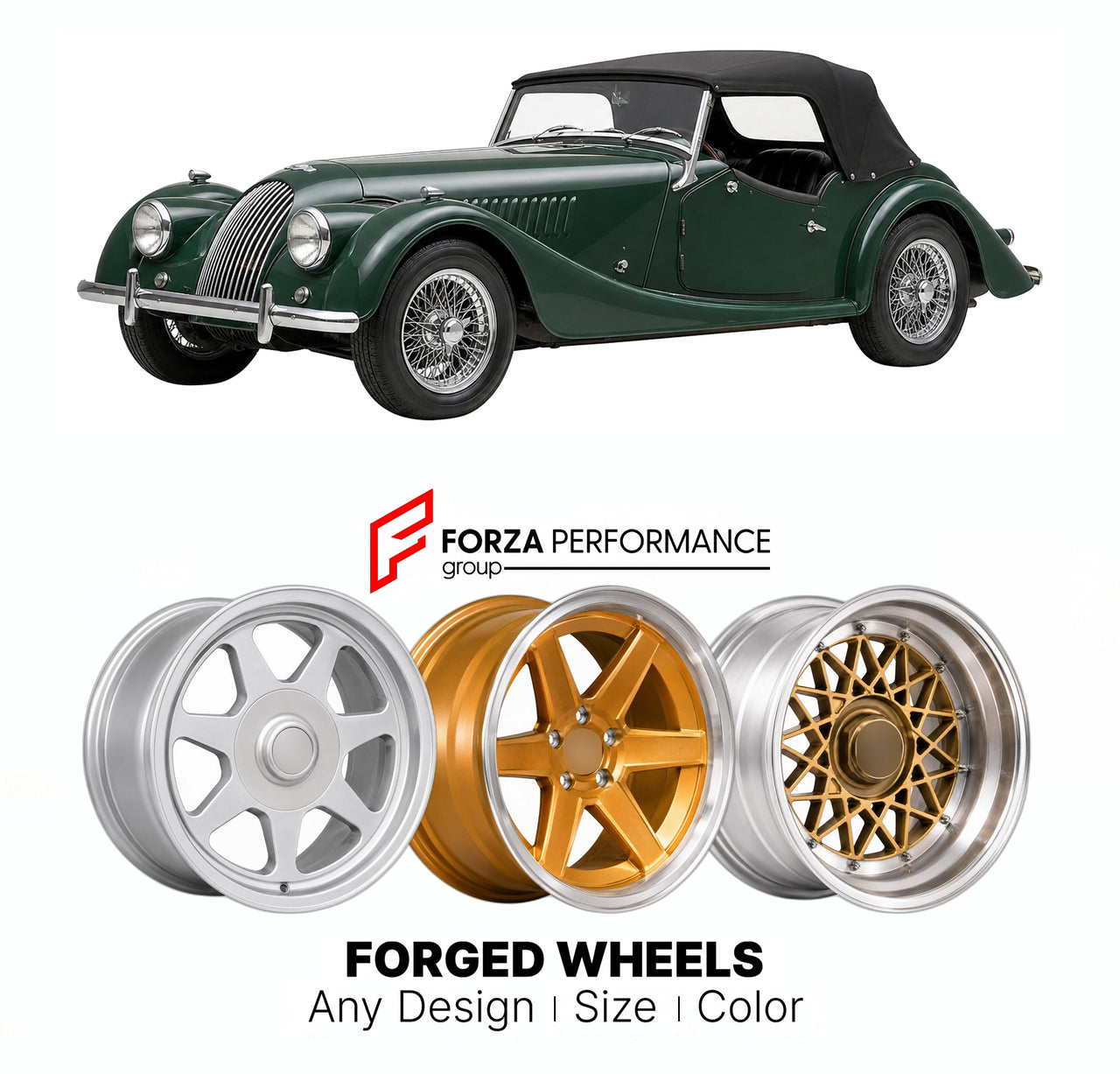 CUSTOM CLASSIC VINTAGE RESTOMOD RETRO OLD SCHOOL FORGED WHEELS RIMS for MORGAN PLUS 4 CLASSIC 1950 - 1969

Custom forged wheels for Morgan Plus 4 Classic 1950 - 1969. Classic, vintage, restomod wheel designs made to order in custom sizes, offsets, colors and finishes.

We manufacture premium quality forged wheels rims for Morgan Plus 4 Classic 1950 - 1969 in any design, size, color.

THIS WHEEL DESIGN CAN BE CUSTOM-MADE FOR YOUR CAR IN ANY SIZE AND COLOR OPTIONS
Available in monoblock, 2-piece, 3-piece, duo