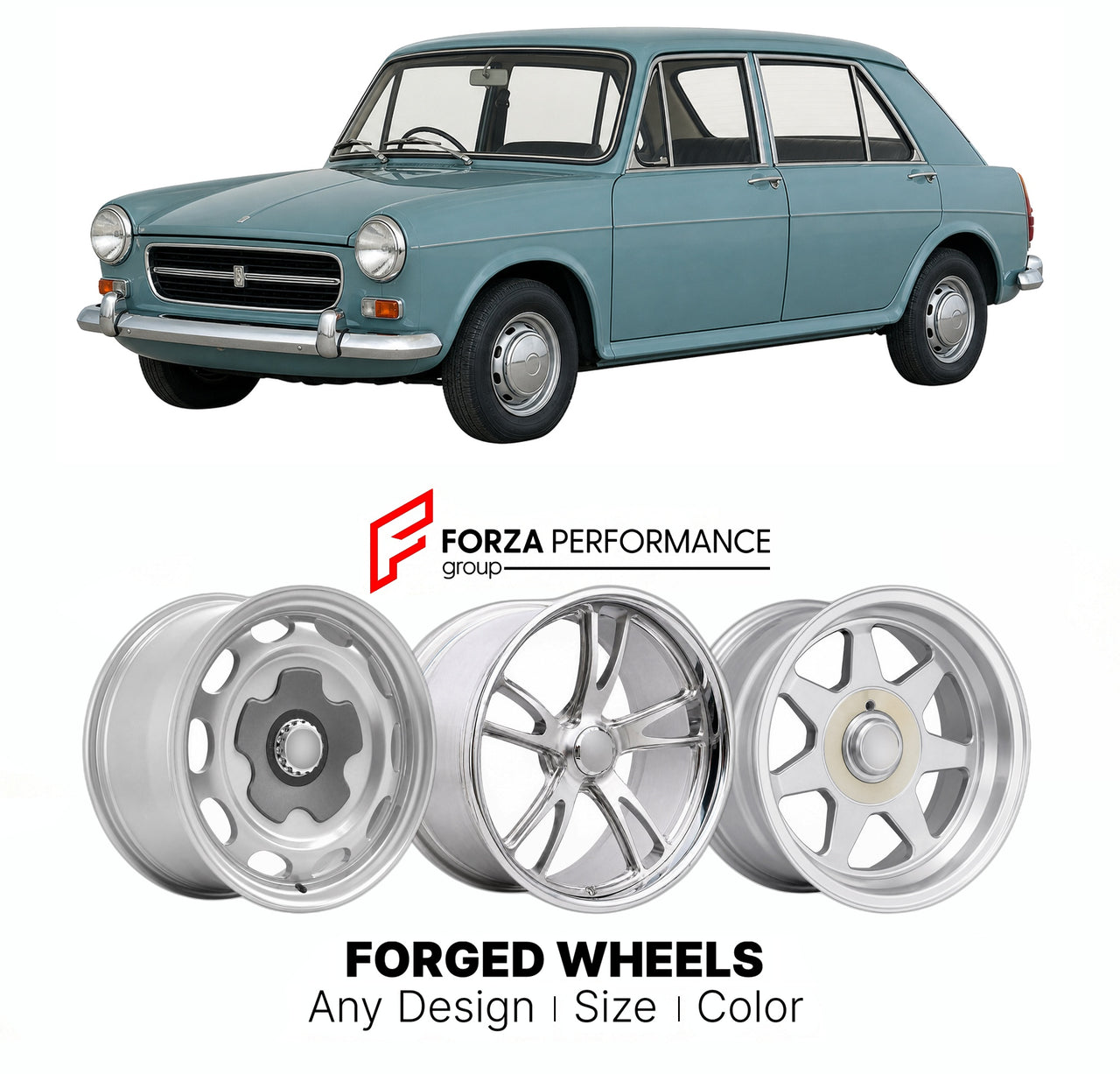 CUSTOM CLASSIC VINTAGE RESTOMOD RETRO OLD SCHOOL FORGED WHEELS RIMS for MORRIS 1100 1300 ADO16 1962 - 1971

Custom forged wheels for Morris 1100 1300 ADO16 1962 - 1971. Classic, vintage, restomod wheel designs made to order in custom sizes, offsets, colors and finishes.

We manufacture premium quality forged wheels rims for Morris 1100 1300 ADO16 1962 - 1971 in any design, size, color.

THIS WHEEL DESIGN CAN BE CUSTOM-MADE FOR YOUR CAR IN ANY SIZE AND COLOR OPTIONS
Available in monoblock, 2-piece, 3-piece, 