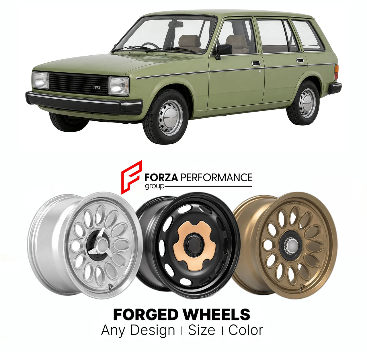 CUSTOM CLASSIC VINTAGE RESTOMOD RETRO OLD SCHOOL FORGED WHEELS RIMS for MORRIS ITAL ADO73 1980 - 1984

Custom forged wheels for Morris Ital ADO73 1980 - 1984. Classic, vintage, restomod wheel designs made to order in custom sizes, offsets, colors and finishes.

We manufacture premium quality forged wheels rims for Morris Ital ADO73 1980 - 1984 in any design, size, color.

THIS WHEEL DESIGN CAN BE CUSTOM-MADE FOR YOUR CAR IN ANY SIZE AND COLOR OPTIONS
Available in monoblock, 2-piece, 3-piece, duoblock, beadl