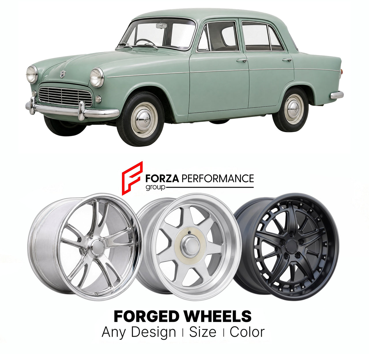 CUSTOM CLASSIC VINTAGE RESTOMOD RETRO OLD SCHOOL FORGED WHEELS RIMS for MORRIS OXFORD SERIES III-VI 1956 - 1971

Custom forged wheels for Morris Oxford Series III-VI 1956 - 1971. Classic, vintage, restomod wheel designs made to order in custom sizes, offsets, colors and finishes.

We manufacture premium quality forged wheels rims for Morris Oxford Series III-VI 1956 - 1971 in any design, size, color.

THIS WHEEL DESIGN CAN BE CUSTOM-MADE FOR YOUR CAR IN ANY SIZE AND COLOR OPTIONS
Available in monoblock, 2-p