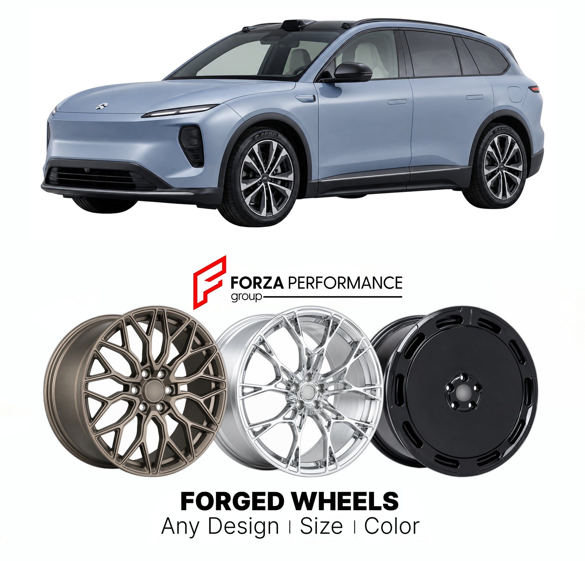 Custom forged wheels for NIO EL6 ES6 2023+. Made-to-order monoblock, 2-piece and 3-piece wheels in custom sizes, offsets, colors and finishes with guaranteed vehicle fitment.

We manufacture premium quality forged wheels rims for NIO EL6 ES6 2023+ in any design, size, color.

THIS WHEEL DESIGN CAN BE CUSTOM-MADE FOR YOUR CAR IN ANY SIZE AND COLOR OPTIONS
Available in monoblock, 2-piece, 3-piece, duoblock, beadlock
3D wheel renderings are provided according to the exact dimensions and specifications requeste