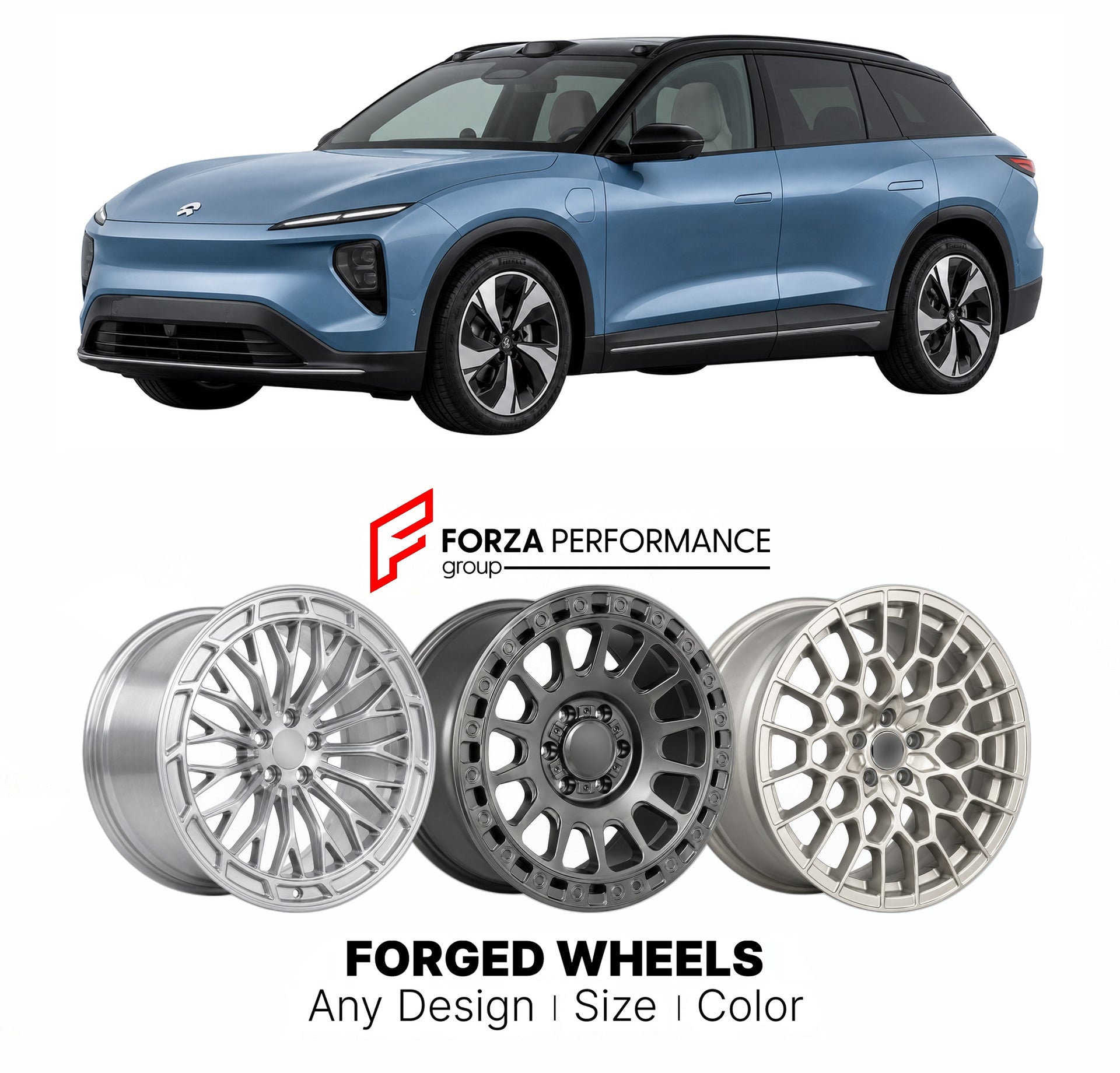 Custom forged wheels for NIO EL7 ES7 2022+. Made-to-order monoblock, 2-piece and 3-piece wheels in custom sizes, offsets, colors and finishes with guaranteed vehicle fitment.

We manufacture premium quality forged wheels rims for NIO EL7 ES7 2022+ in any design, size, color.

THIS WHEEL DESIGN CAN BE CUSTOM-MADE FOR YOUR CAR IN ANY SIZE AND COLOR OPTIONS
Available in monoblock, 2-piece, 3-piece, duoblock, beadlock
3D wheel renderings are provided according to the exact dimensions and specifications requeste