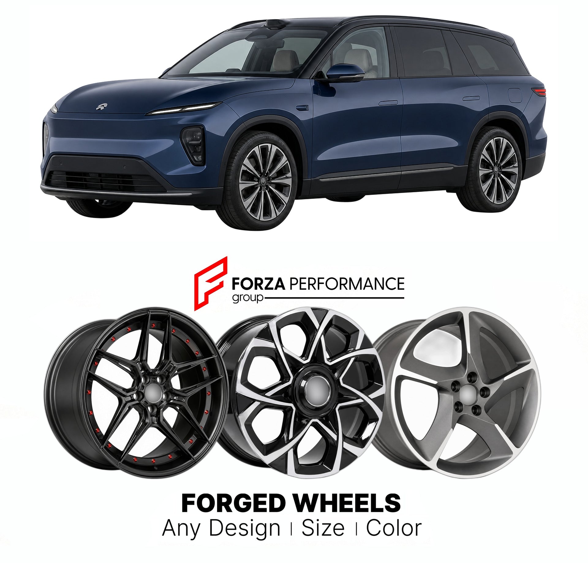 Custom forged wheels for NIO EL8 ES8 2022+. Made-to-order monoblock, 2-piece and 3-piece wheels in custom sizes, offsets, colors and finishes with guaranteed vehicle fitment.

We manufacture premium quality forged wheels rims for NIO EL8 ES8 2022+ in any design, size, color.

THIS WHEEL DESIGN CAN BE CUSTOM-MADE FOR YOUR CAR IN ANY SIZE AND COLOR OPTIONS
Available in monoblock, 2-piece, 3-piece, duoblock, beadlock
3D wheel renderings are provided according to the exact dimensions and specifications requeste