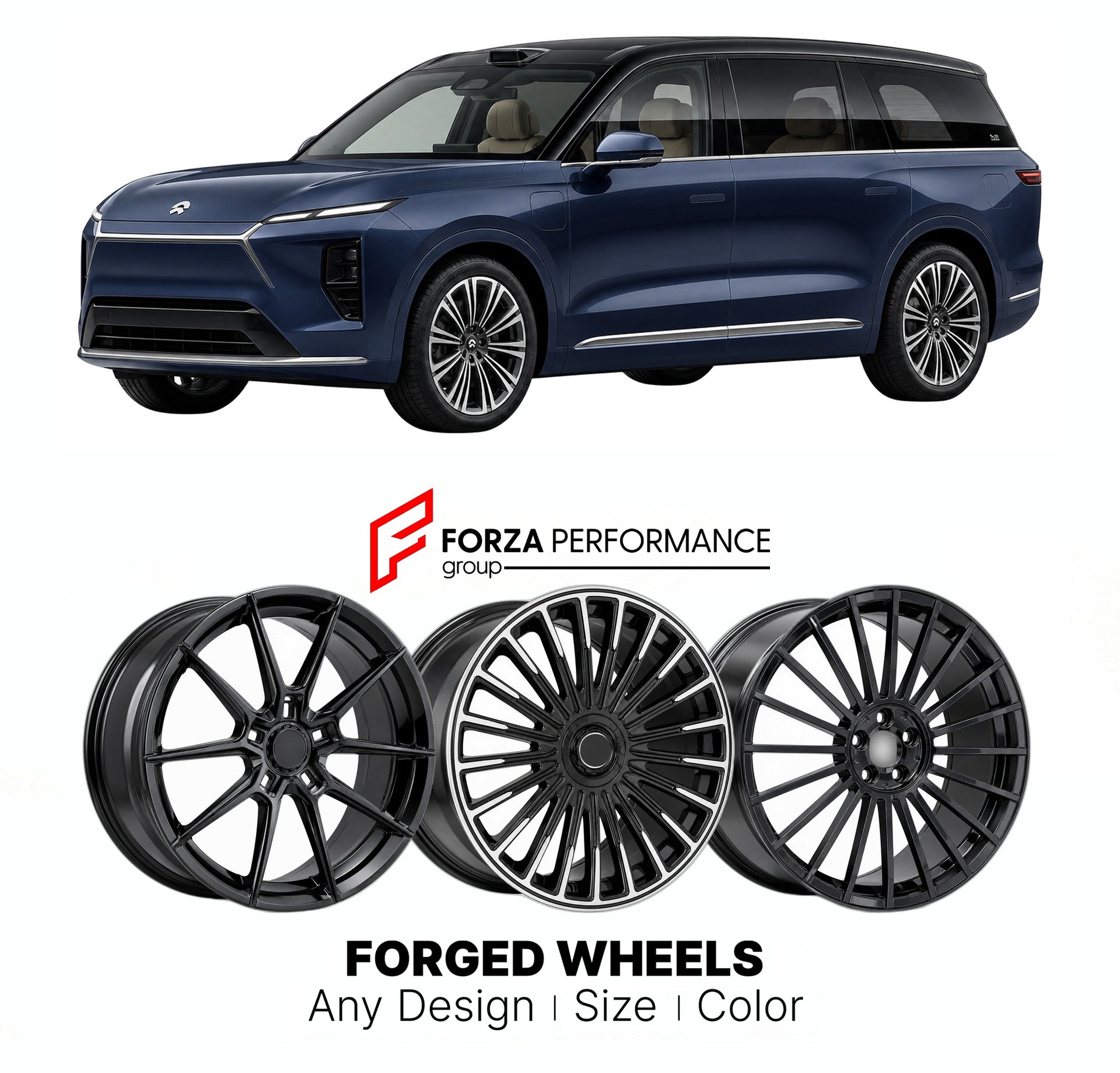 Custom forged wheels for NIO ES9 2026+. Made-to-order monoblock, 2-piece and 3-piece wheels in custom sizes, offsets, colors and finishes with guaranteed vehicle fitment.

We manufacture premium quality forged wheels rims for NIO ES9 2026+ in any design, size, color.

THIS WHEEL DESIGN CAN BE CUSTOM-MADE FOR YOUR CAR IN ANY SIZE AND COLOR OPTIONS
Available in monoblock, 2-piece, 3-piece, duoblock, beadlock
3D wheel renderings are provided according to the exact dimensions and specifications requested by the