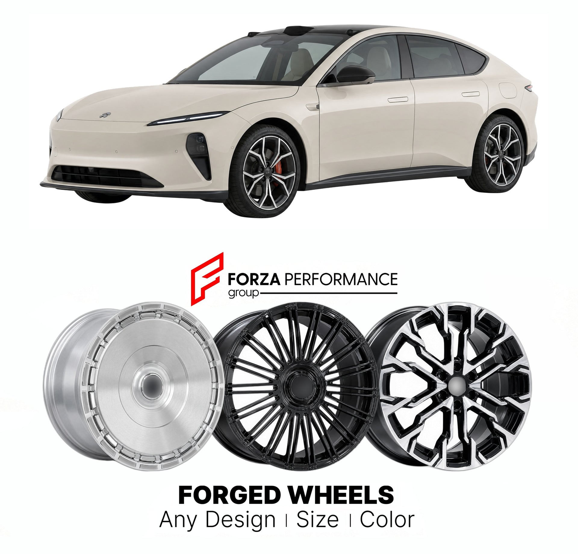 Custom forged wheels for NIO ET5 2022+. Made-to-order monoblock, 2-piece and 3-piece wheels in custom sizes, offsets, colors and finishes with guaranteed vehicle fitment.

We manufacture premium quality forged wheels rims for NIO ET5 2022+ in any design, size, color.

THIS WHEEL DESIGN CAN BE CUSTOM-MADE FOR YOUR CAR IN ANY SIZE AND COLOR OPTIONS
Available in monoblock, 2-piece, 3-piece, duoblock, beadlock
3D wheel renderings are provided according to the exact dimensions and specifications requested by the