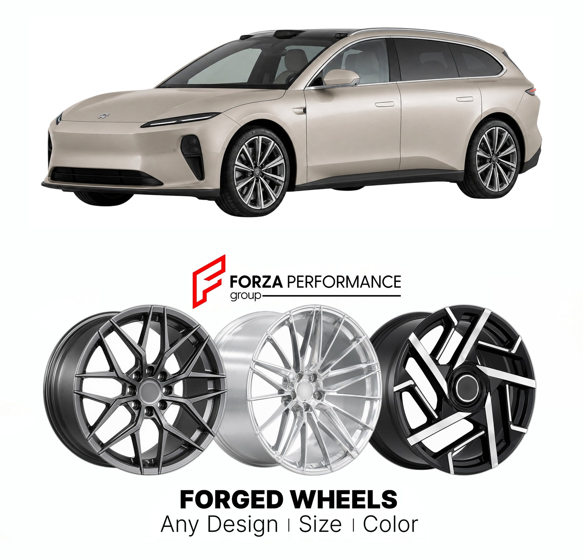 Custom forged wheels for NIO ET5 Touring 2023+. Made-to-order monoblock, 2-piece and 3-piece wheels in custom sizes, offsets, colors and finishes with guaranteed vehicle fitment.

We manufacture premium quality forged wheels rims for NIO ET5 Touring 2023+ in any design, size, color.

THIS WHEEL DESIGN CAN BE CUSTOM-MADE FOR YOUR CAR IN ANY SIZE AND COLOR OPTIONS
Available in monoblock, 2-piece, 3-piece, duoblock, beadlock
3D wheel renderings are provided according to the exact dimensions and specifications 