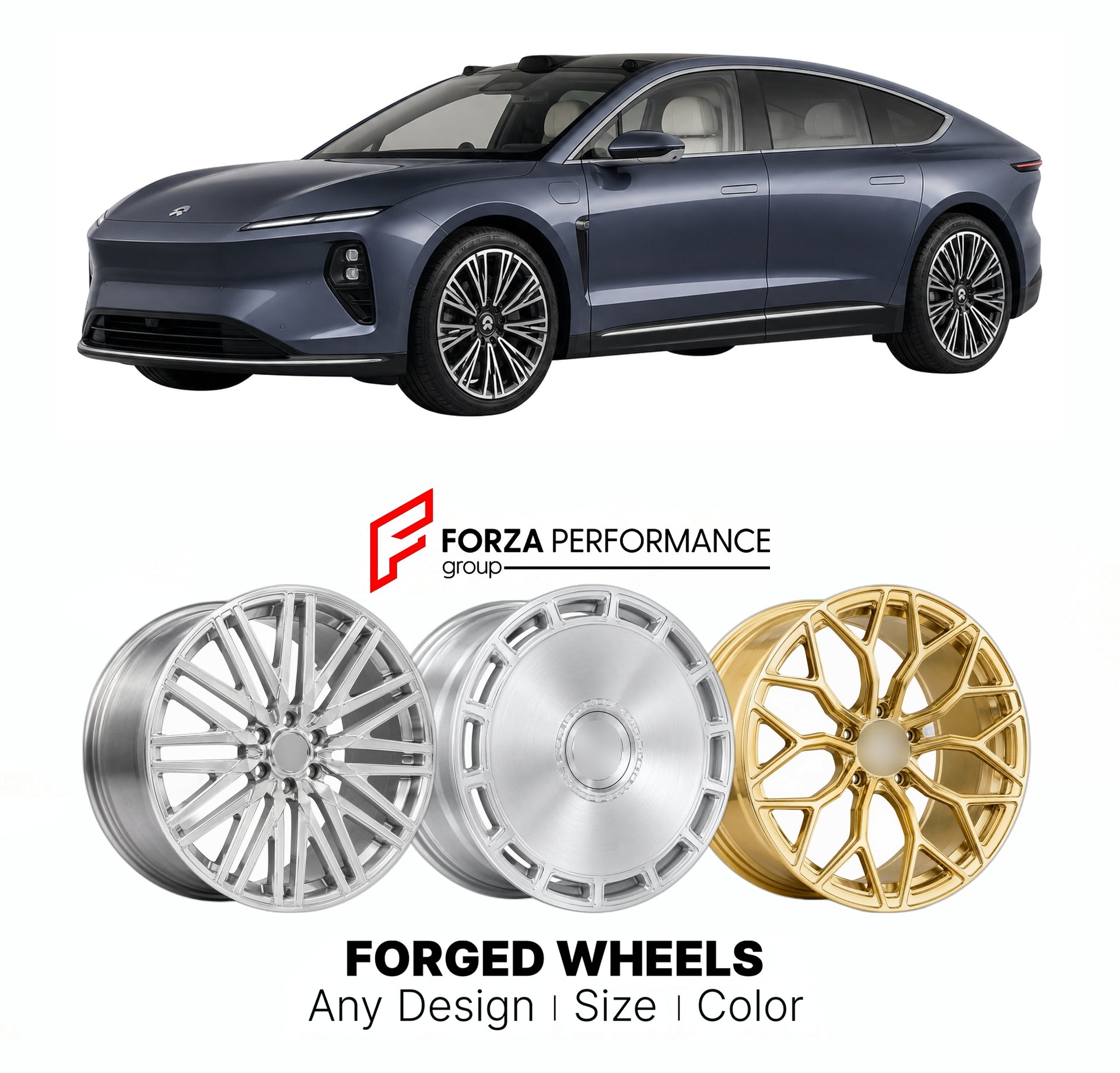 Custom forged wheels for NIO ET9 2025+. Made-to-order monoblock, 2-piece and 3-piece wheels in custom sizes, offsets, colors and finishes with guaranteed vehicle fitment.

We manufacture premium quality forged wheels rims for NIO ET9 2025+ in any design, size, color.

THIS WHEEL DESIGN CAN BE CUSTOM-MADE FOR YOUR CAR IN ANY SIZE AND COLOR OPTIONS
Available in monoblock, 2-piece, 3-piece, duoblock, beadlock
3D wheel renderings are provided according to the exact dimensions and specifications requested by the