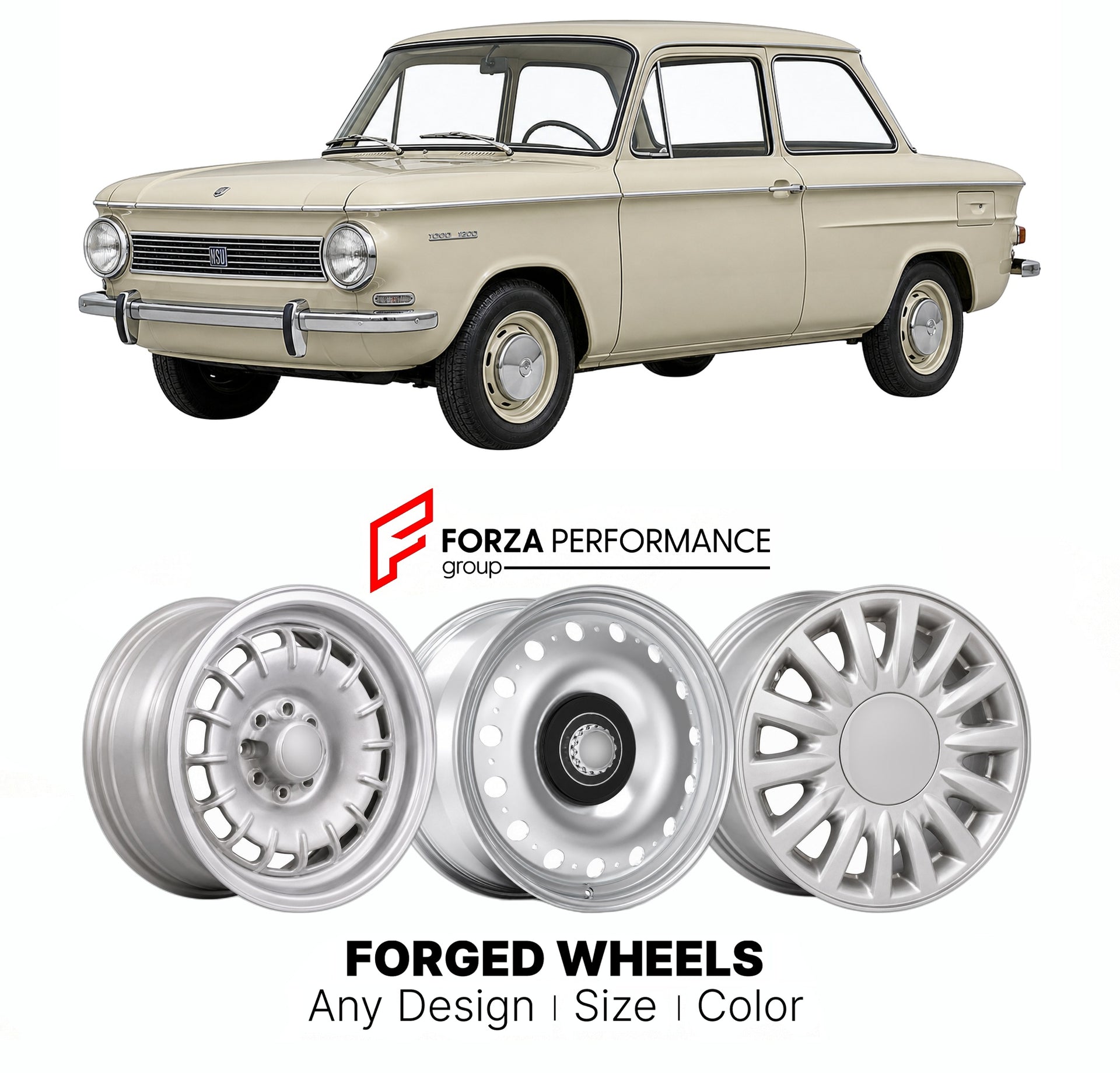 CUSTOM CLASSIC VINTAGE RESTOMOD RETRO OLD SCHOOL FORGED WHEELS RIMS for NSU 1000 1200 1964 - 1973

Custom forged wheels for NSU 1000 1200 1964 - 1973. Classic, vintage, restomod wheel designs made to order in custom sizes, offsets, colors and finishes.

We manufacture premium quality forged wheels rims for NSU 1000 1200 1964 - 1973 in any design, size, color.

THIS WHEEL DESIGN CAN BE CUSTOM-MADE FOR YOUR CAR IN ANY SIZE AND COLOR OPTIONS
Available in monoblock, 2-piece, 3-piece, duoblock, beadlock
3D wheel