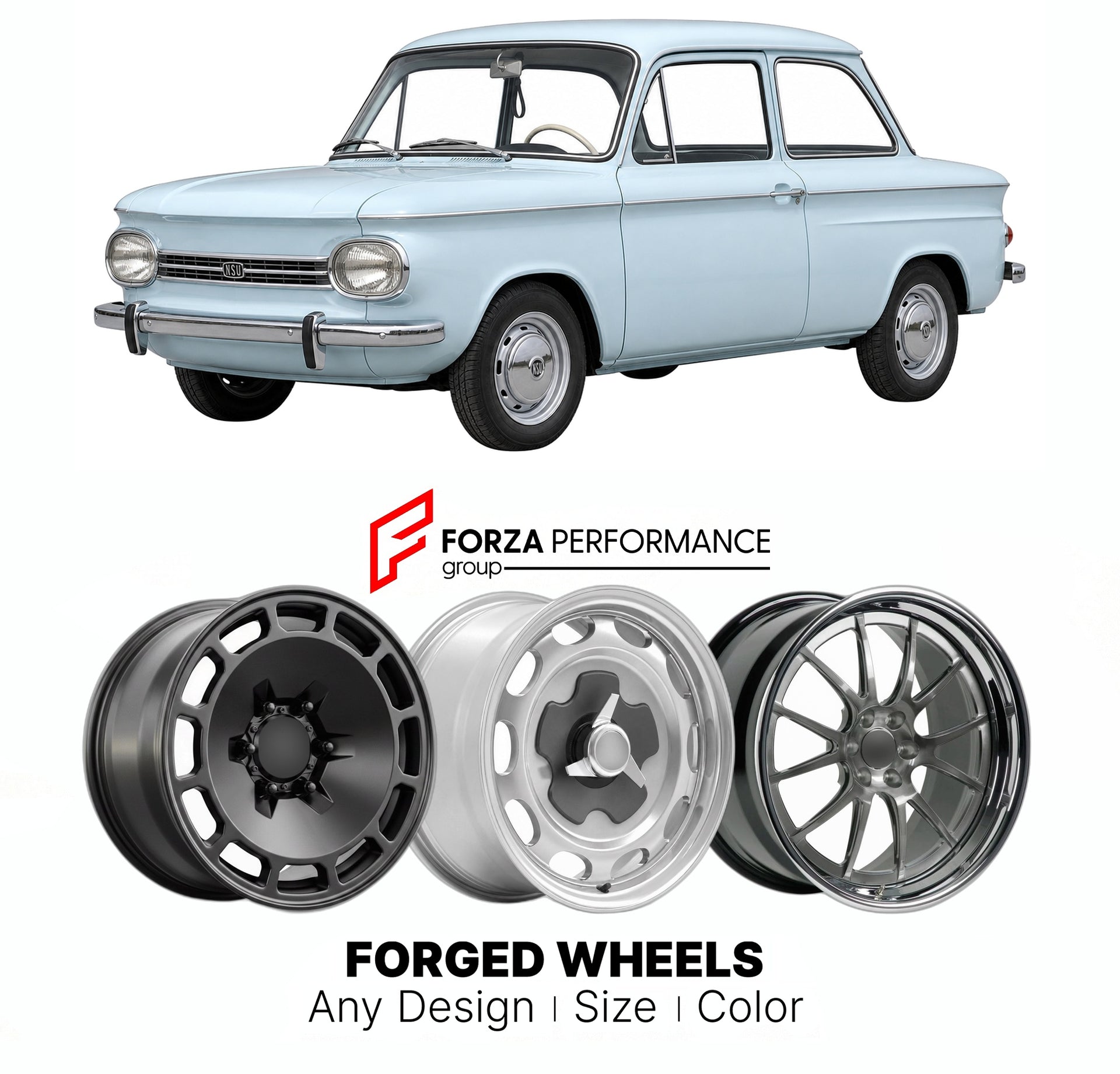 CUSTOM CLASSIC VINTAGE RESTOMOD RETRO OLD SCHOOL FORGED WHEELS RIMS for NSU PRINZ 1958 - 1973

Custom forged wheels for NSU Prinz 1958 - 1973. Classic, vintage, restomod wheel designs made to order in custom sizes, offsets, colors and finishes.

We manufacture premium quality forged wheels rims for NSU Prinz 1958 - 1973 in any design, size, color.

THIS WHEEL DESIGN CAN BE CUSTOM-MADE FOR YOUR CAR IN ANY SIZE AND COLOR OPTIONS
Available in monoblock, 2-piece, 3-piece, duoblock, beadlock
3D wheel renderings 
