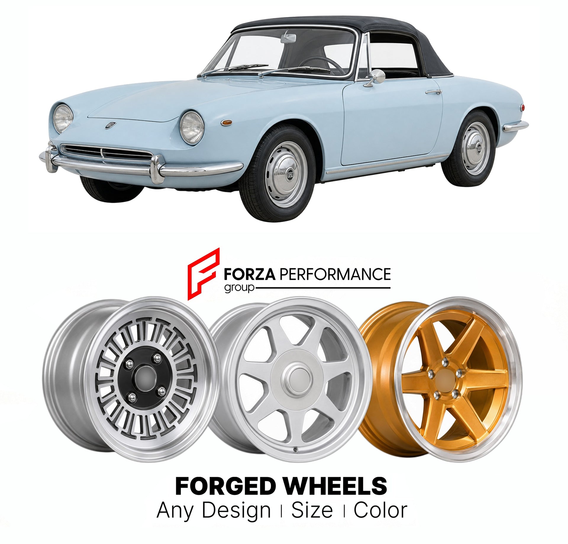 CUSTOM CLASSIC VINTAGE RESTOMOD RETRO OLD SCHOOL FORGED WHEELS RIMS for NSU SPIDER WANKEL 1964 - 1967

Custom forged wheels for NSU Spider Wankel 1964 - 1967. Classic, vintage, restomod wheel designs made to order in custom sizes, offsets, colors and finishes.

We manufacture premium quality forged wheels rims for NSU Spider Wankel 1964 - 1967 in any design, size, color.

THIS WHEEL DESIGN CAN BE CUSTOM-MADE FOR YOUR CAR IN ANY SIZE AND COLOR OPTIONS
Available in monoblock, 2-piece, 3-piece, duoblock, beadl