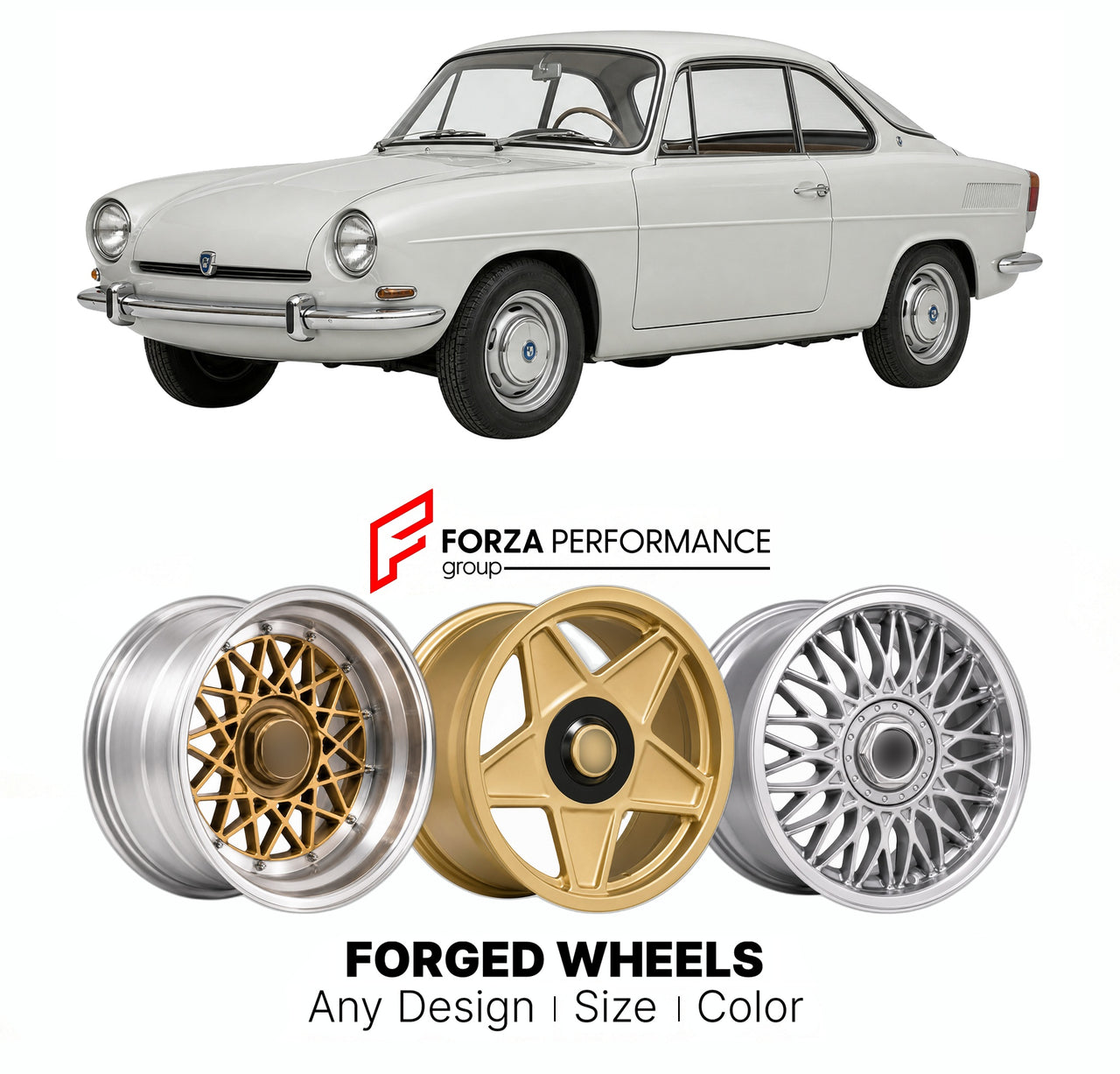 CUSTOM CLASSIC VINTAGE RESTOMOD RETRO OLD SCHOOL FORGED WHEELS RIMS for NSU SPORT PRINZ 1958 - 1968

Custom forged wheels for NSU Sport Prinz 1958 - 1968. Classic, vintage, restomod wheel designs made to order in custom sizes, offsets, colors and finishes.

We manufacture premium quality forged wheels rims for NSU Sport Prinz 1958 - 1968 in any design, size, color.

THIS WHEEL DESIGN CAN BE CUSTOM-MADE FOR YOUR CAR IN ANY SIZE AND COLOR OPTIONS
Available in monoblock, 2-piece, 3-piece, duoblock, beadlock
3D