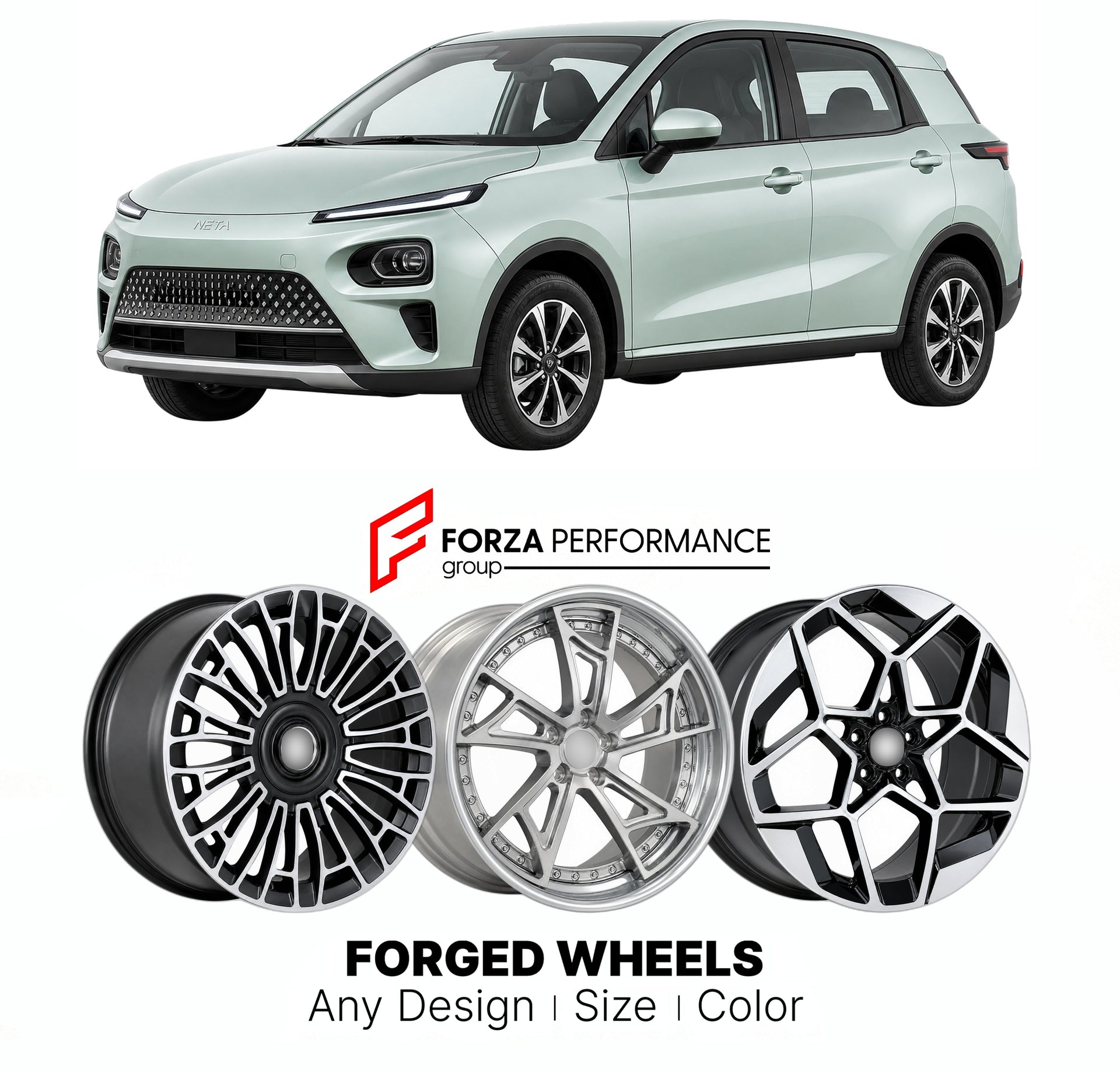 Custom forged wheels for Neta V Aya 2020+. Made-to-order monoblock, 2-piece and 3-piece wheels in custom sizes, offsets, colors and finishes with guaranteed vehicle fitment.

We manufacture premium quality forged wheels rims for Neta V Aya 2020+ in any design, size, color.

THIS WHEEL DESIGN CAN BE CUSTOM-MADE FOR YOUR CAR IN ANY SIZE AND COLOR OPTIONS
Available in monoblock, 2-piece, 3-piece, duoblock, beadlock
3D wheel renderings are provided according to the exact dimensions and specifications requested 