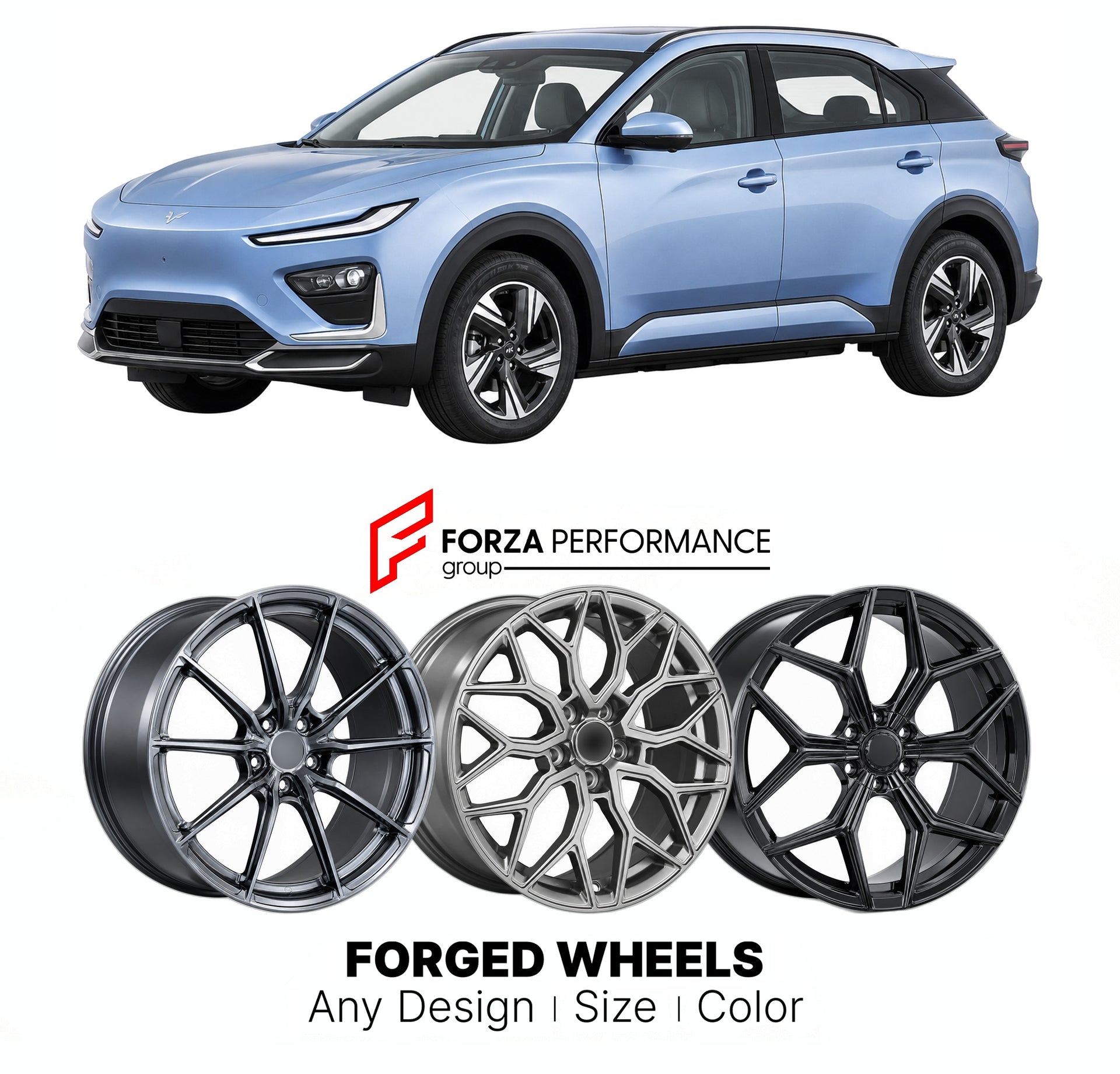 Custom forged wheels for Neta X 2023+. Made-to-order monoblock, 2-piece and 3-piece wheels in custom sizes, offsets, colors and finishes with guaranteed vehicle fitment.

We manufacture premium quality forged wheels rims for Neta X 2023+ in any design, size, color.

THIS WHEEL DESIGN CAN BE CUSTOM-MADE FOR YOUR CAR IN ANY SIZE AND COLOR OPTIONS
Available in monoblock, 2-piece, 3-piece, duoblock, beadlock
3D wheel renderings are provided according to the exact dimensions and specifications requested by the c