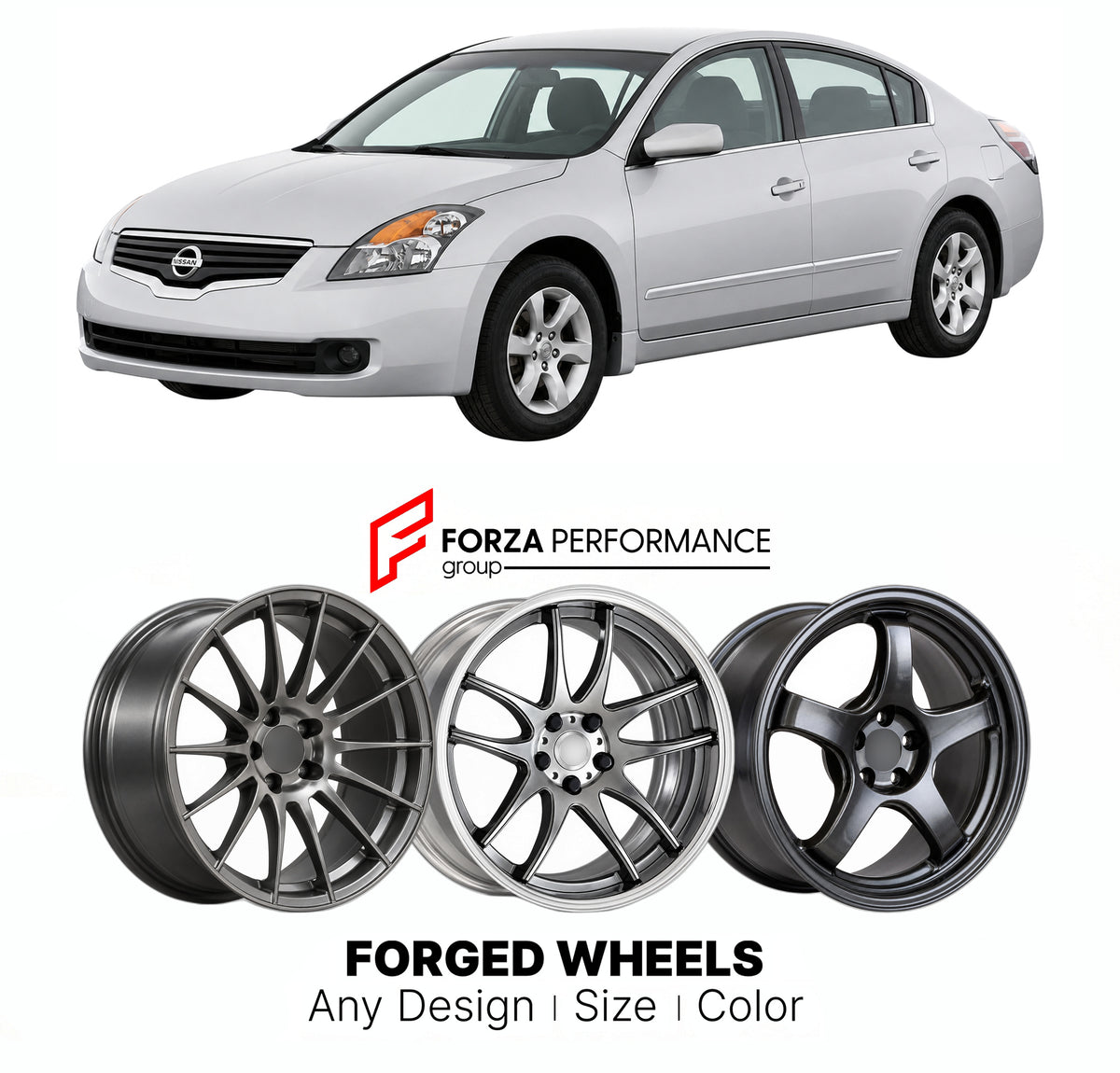 FORGED WHEELS RIMS for NISSAN ALTIMA L32 2006 - 2009

Custom forged wheels for Nissan Altima L32 2006 - 2009. Made-to-order monoblock, 2-piece and 3-piece rims in custom sizes, offsets, colors and finishes with guaranteed fitment.

We manufacture premium quality forged wheels rims for Nissan Altima L32 2006 - 2009 in any design, size, color.

JDM WHEEL DESIGNS: our Japanese collection for sports cars and coupes includes designs inspired by Rays Volk Racing, XXR, SSR, Enkei, Cosmis Racing, Rota, Liberty Walk