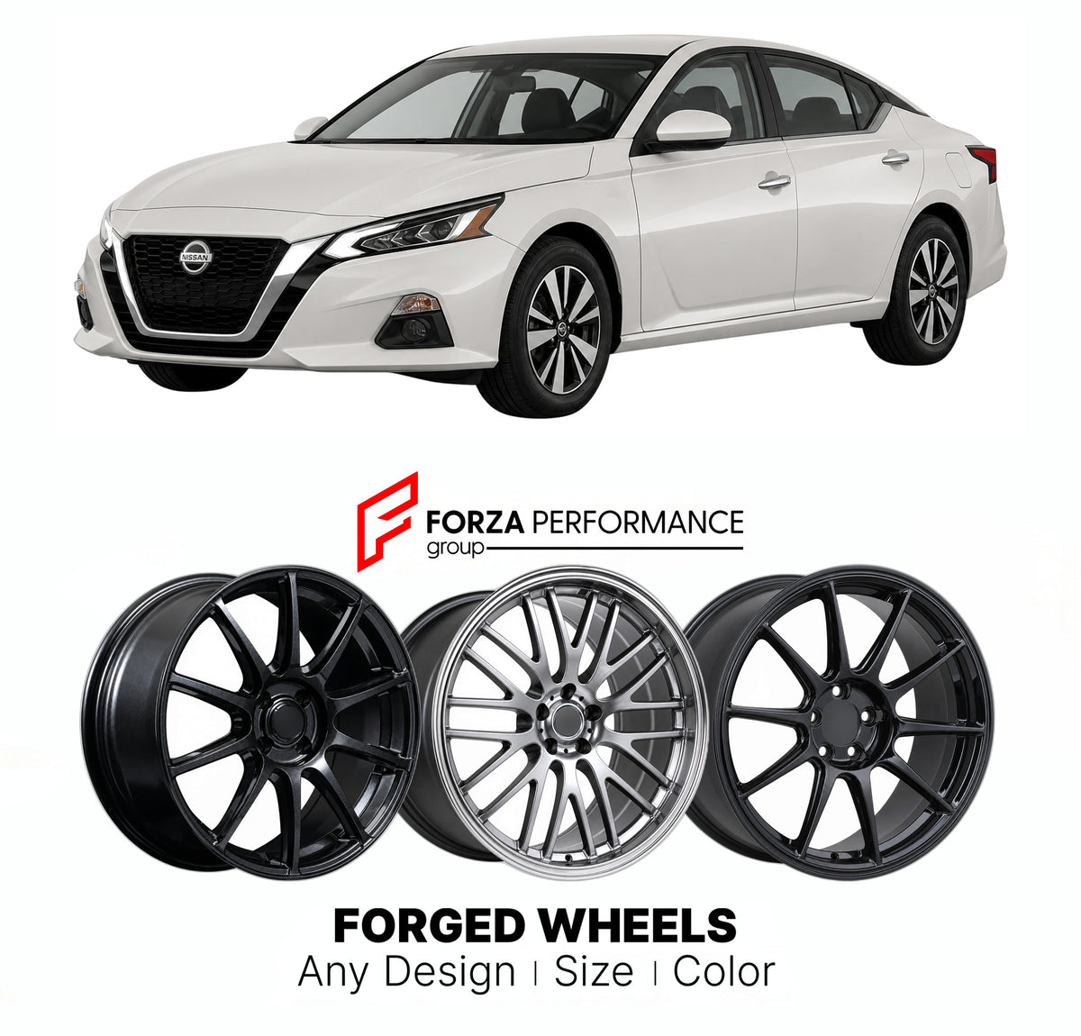 FORGED WHEELS RIMS for NISSAN ALTIMA L34 2018 - 2022

Custom forged wheels for Nissan Altima L34 2018 - 2022. Made-to-order monoblock, 2-piece and 3-piece rims in custom sizes, offsets, colors and finishes with guaranteed fitment.

We manufacture premium quality forged wheels rims for Nissan Altima L34 2018 - 2022 in any design, size, color.

JDM WHEEL DESIGNS: our Japanese collection for sports cars and coupes includes designs inspired by Rays Volk Racing, XXR, SSR, Enkei, Cosmis Racing, Rota, Liberty Walk