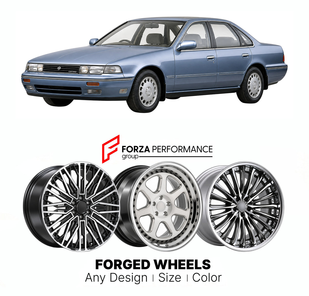 CUSTOM CLASSIC VINTAGE RESTOMOD RETRO OLD SCHOOL FORGED WHEELS RIMS for NISSAN CEFIRO A31 1988 - 1994

Custom forged wheels for Nissan Cefiro A31 1988 - 1994. Classic, vintage, restomod and retro JDM wheel designs made to order in custom sizes, offsets, colors and finishes with guaranteed fitment.

We manufacture premium quality forged wheels rims for Nissan Cefiro A31 1988 - 1994 in any design, size, color.

JDM WHEEL DESIGNS: our Japanese collection for sedans and wagons includes designs inspired by Weds 