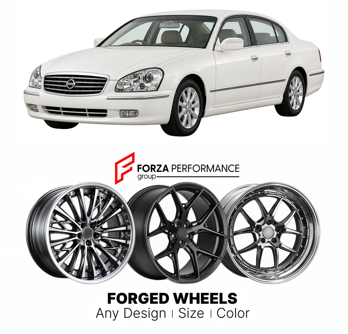 FORGED WHEELS RIMS for NISSAN CIMA F50 2001 - 2010

Custom forged wheels for Nissan Cima F50 2001 - 2010. Made-to-order monoblock, 2-piece and 3-piece rims in custom sizes, offsets, colors and finishes with guaranteed fitment.

We manufacture premium quality forged wheels rims for Nissan Cima F50 2001 - 2010 in any design, size, color.

JDM WHEEL DESIGNS: our Japanese collection for sedans and wagons includes designs inspired by Weds Kranze, Wald, Leon Hardiritt, Vossen, Kuhl Racing, Aimgain, Work Wheels, T