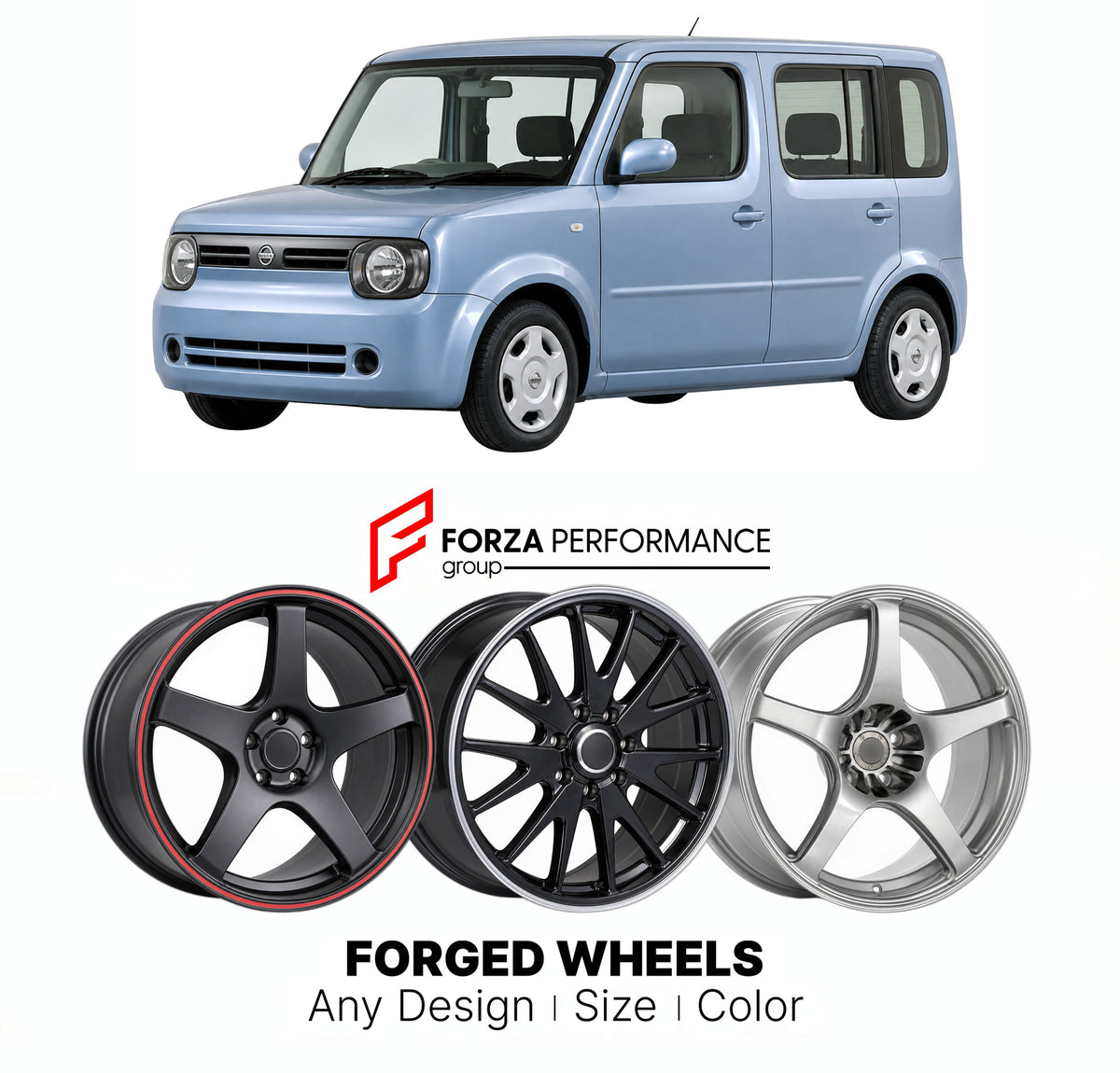 FORGED WHEELS RIMS for NISSAN CUBE Z11 2002 - 2008

Custom forged wheels for Nissan Cube Z11 2002 - 2008. Made-to-order monoblock, 2-piece and 3-piece rims in custom sizes, offsets, colors and finishes with guaranteed fitment.

We manufacture premium quality forged wheels rims for Nissan Cube Z11 2002 - 2008 in any design, size, color.

JDM WHEEL DESIGNS: our Japanese collection for hatchbacks, kei cars and MPVs includes designs inspired by Rays Volk Racing, Enkei, XXR, Rota, Work Wheels, Cosmis Racing, SSR
